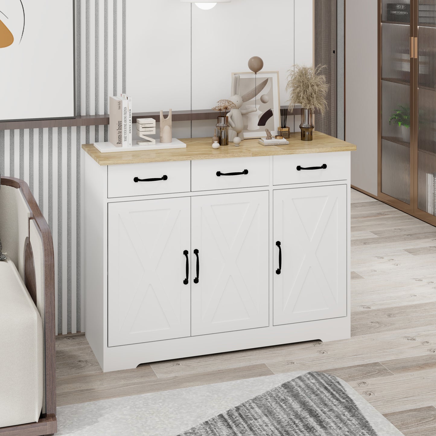 Farmhouse Buffet Cabinet Storage Sideboard with 3 Drawers and 3 Doors for Dining Living Room Kitchen Cupboard-White