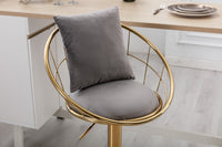 Grey Velvet Bar Chairs Set of 2 Gold Plated Unique Design 360 Degree Rotation Adjustable Height Dining Room and Bar