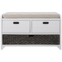 Storage Bench with Removable Cushion and 2 Drawers, Fully Assembled Shoe Organizer with Removable Basket, White