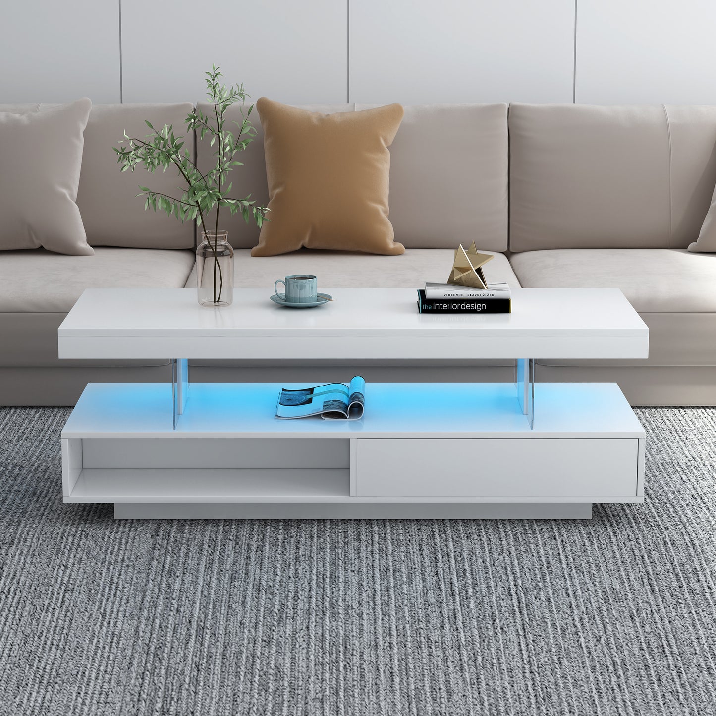 Modern LED Coffee Table with Storage and 2 Drawers, Accent Center Table with Display Shelves for Living Room, White