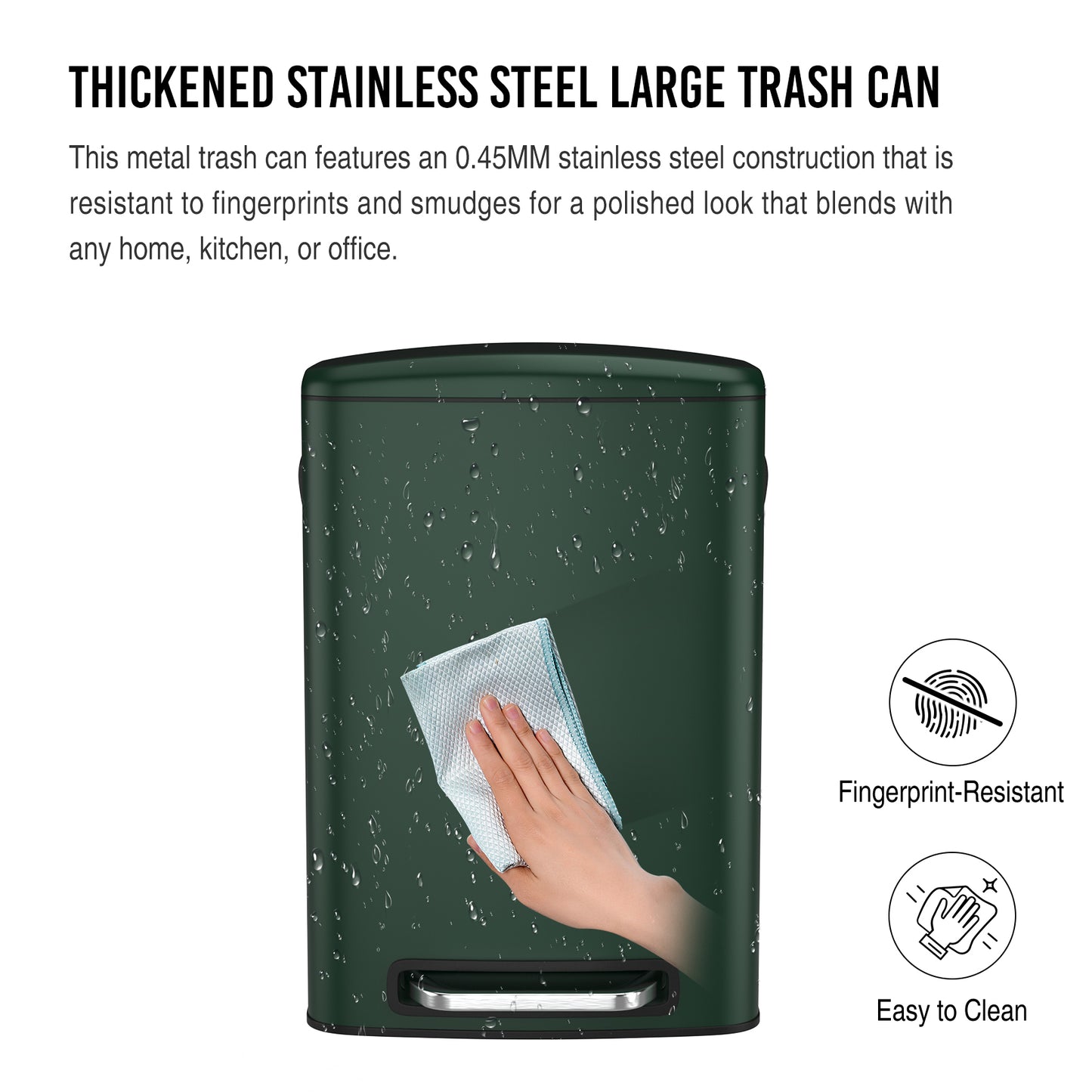 13 Gallon 50L Kitchen Foot Pedal Soft Close Trash Can Stainless Steel Rectangular Bin with 30 Garbage Bags Green