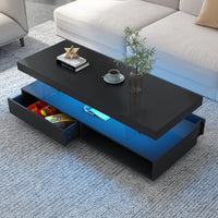 Modern LED Coffee Table with Storage and Display Shelves, Black Center Table with 2 Drawers for Living Room