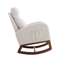 Modern Glider Recliner Armchair with Wood Legs and Side Pocket for Nursery Living Room Bedroom Beige Linen