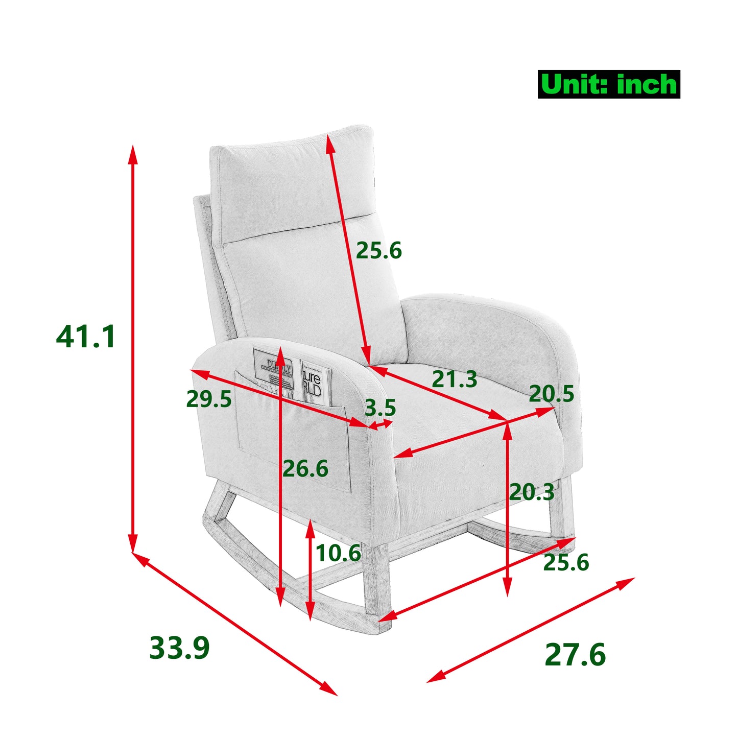 Modern Accent High Backrest Living Room Lounge Arm Rocking Chair with Two Side Pockets 27.6 Inch