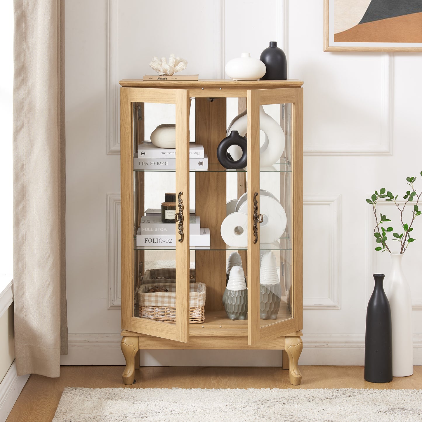 Elegant Oak Curio Cabinet with Glass Doors Adjustable Shelves Mirrored Back Lighted Display for Home Office