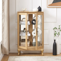 Elegant Oak Curio Cabinet with Glass Doors Adjustable Shelves Mirrored Back Lighted Display for Home Office