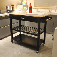 Mobile Kitchen Island Cart with Lockable Wheels Rubber Wood Top Black Design Perfect for Entertaining