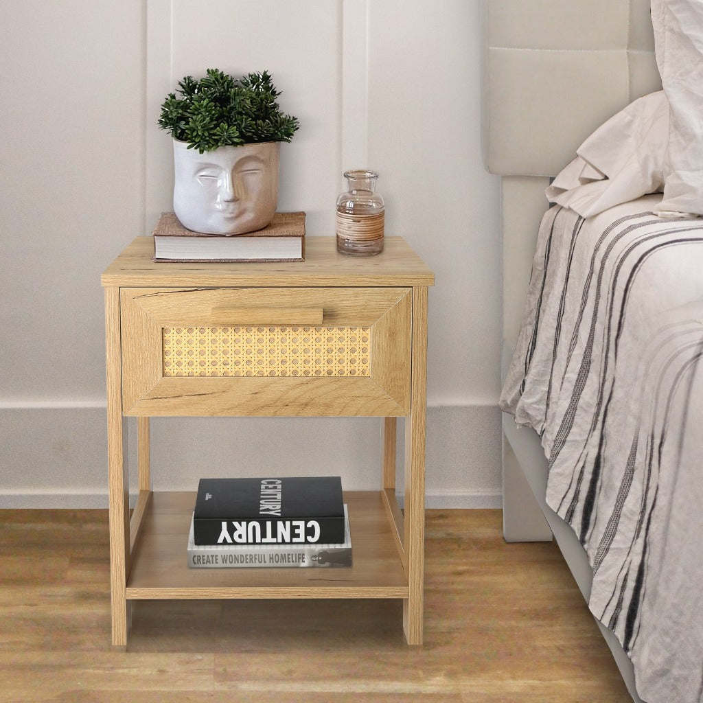 Nightstand Set of 2 with 2 Drawers and Open Storage Shelves, Rattan Design, Natural Color, Small Dresser for Bedroom, Bedside Furniture