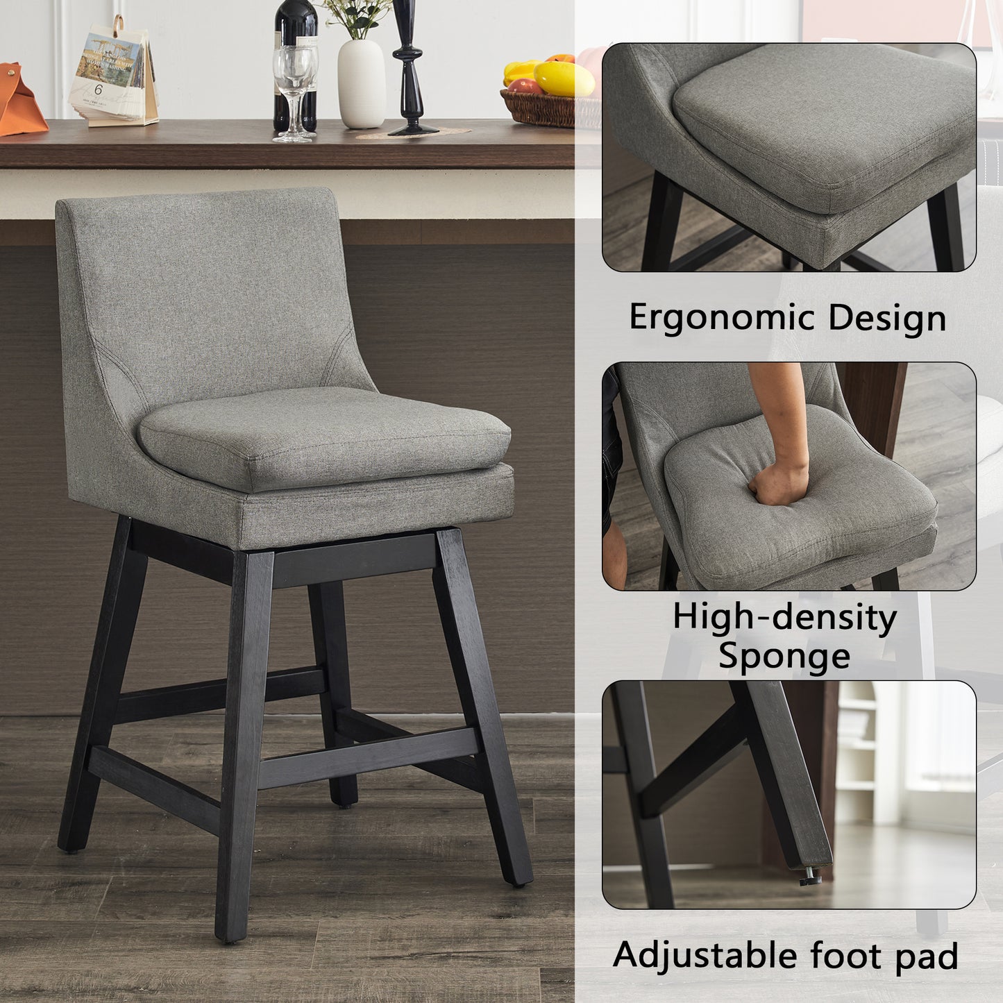 26 Inch Upholstered Swivel Bar Stools Set of 2 Modern Linen Fabric High Back Counter Stools Ergonomic Design Wood Frame