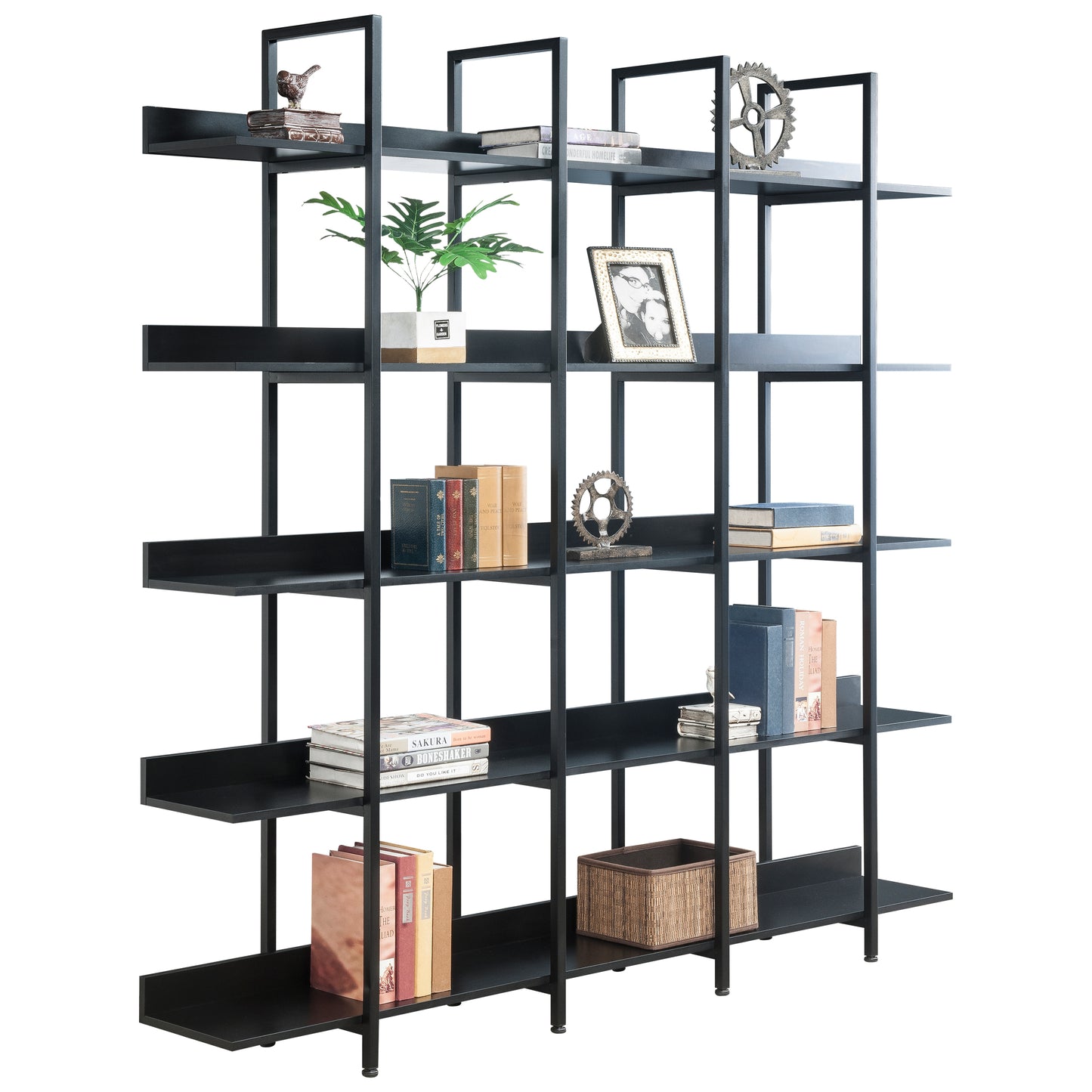 5 Tier Bookcase Home Office Open Bookshelf, Vintage Industrial Style Shelf With Metal Frame, MDF Board