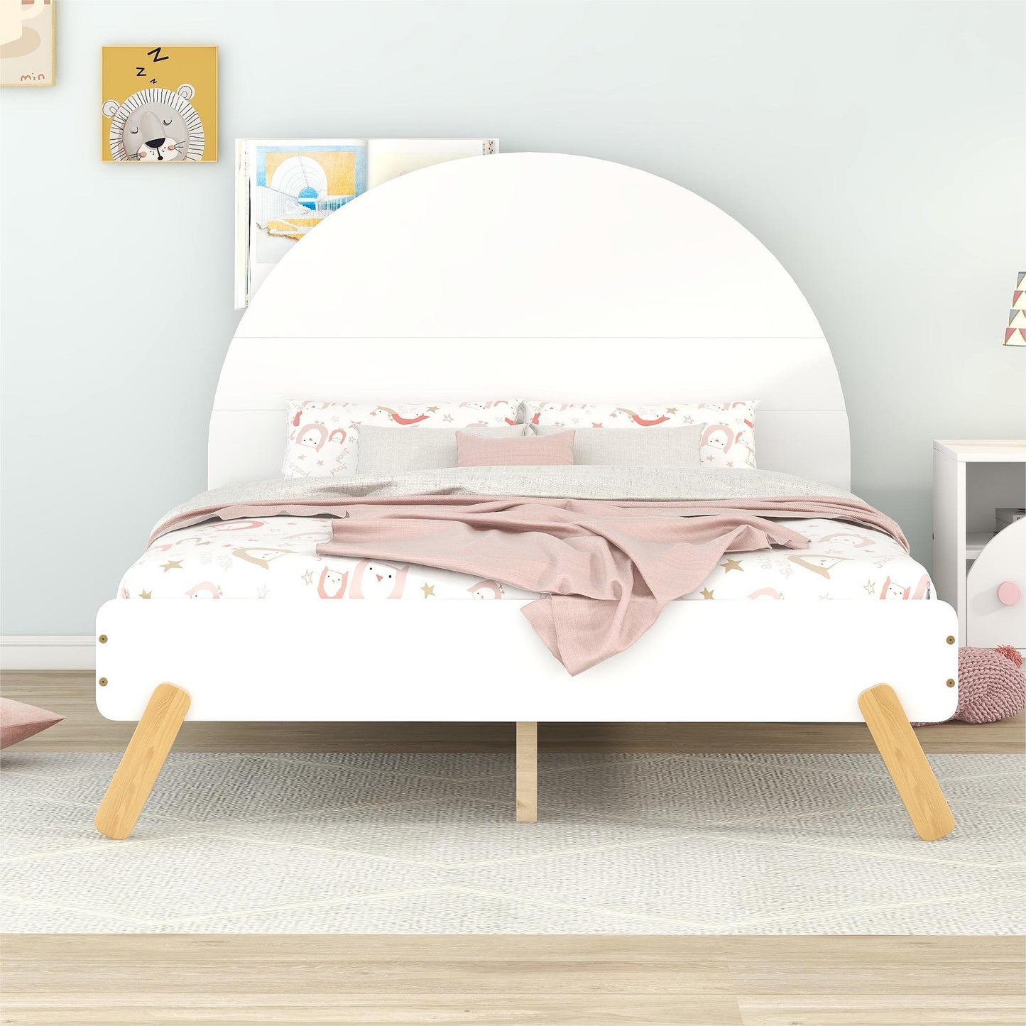 Wooden Cute Full Size Platform Bed with Curved Headboard and Shelf White