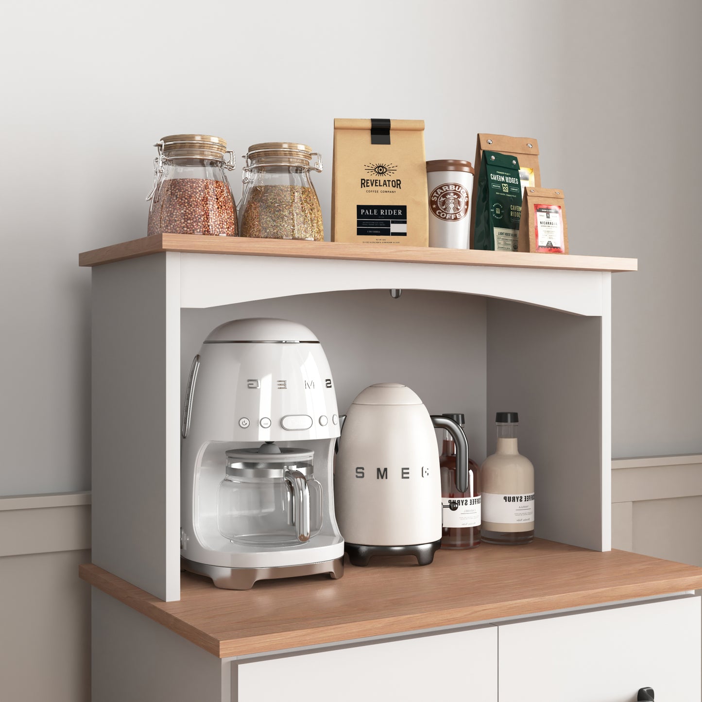 White Wooden Kitchen Cabinet - Pantry Storage Unit with Microwave Shelf and Storage Drawer for Kitchen Organization