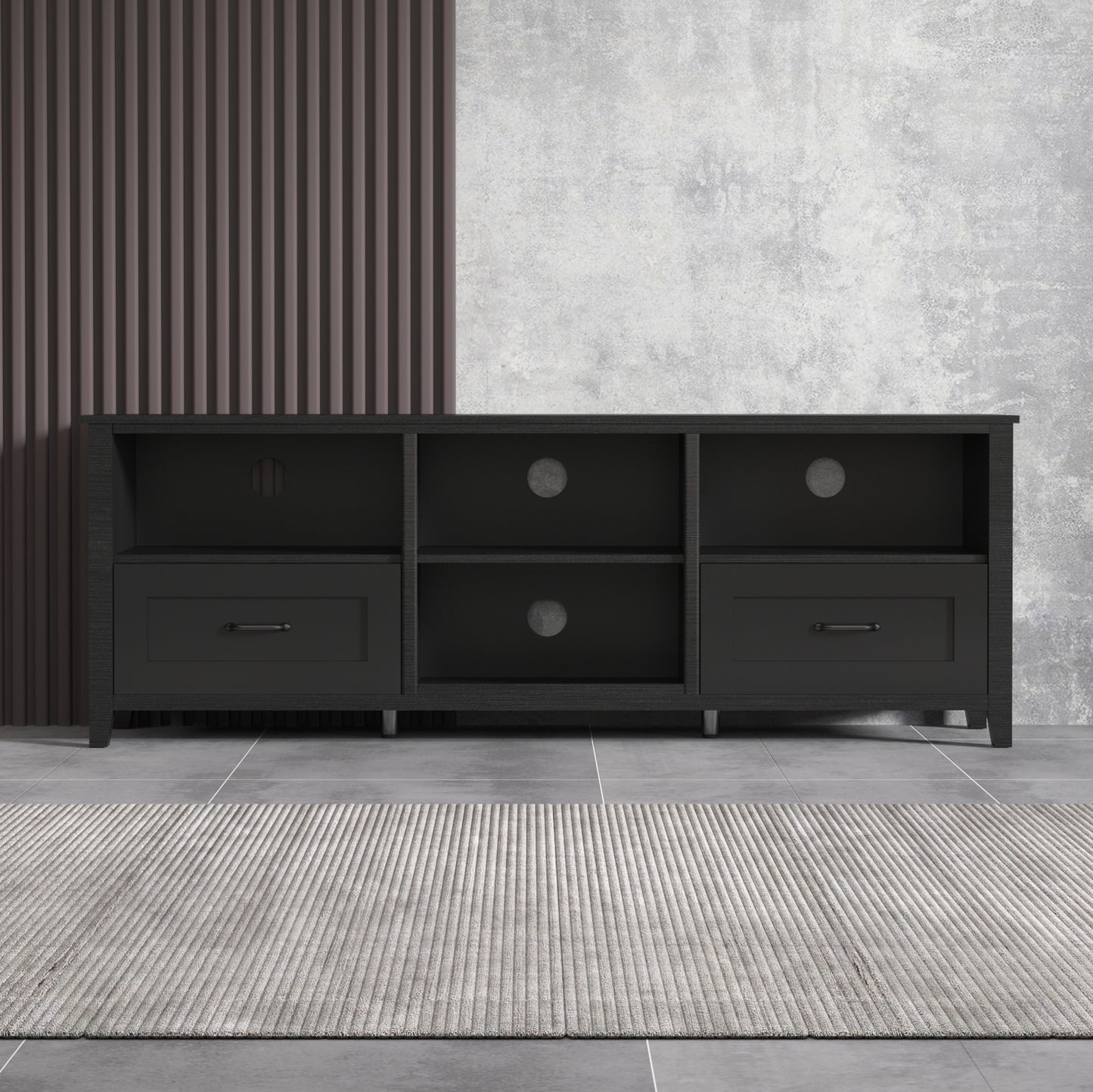 70 Inch Black TV Stand for Living Room and Bedroom with 2 Drawers and 4 Storage Compartments