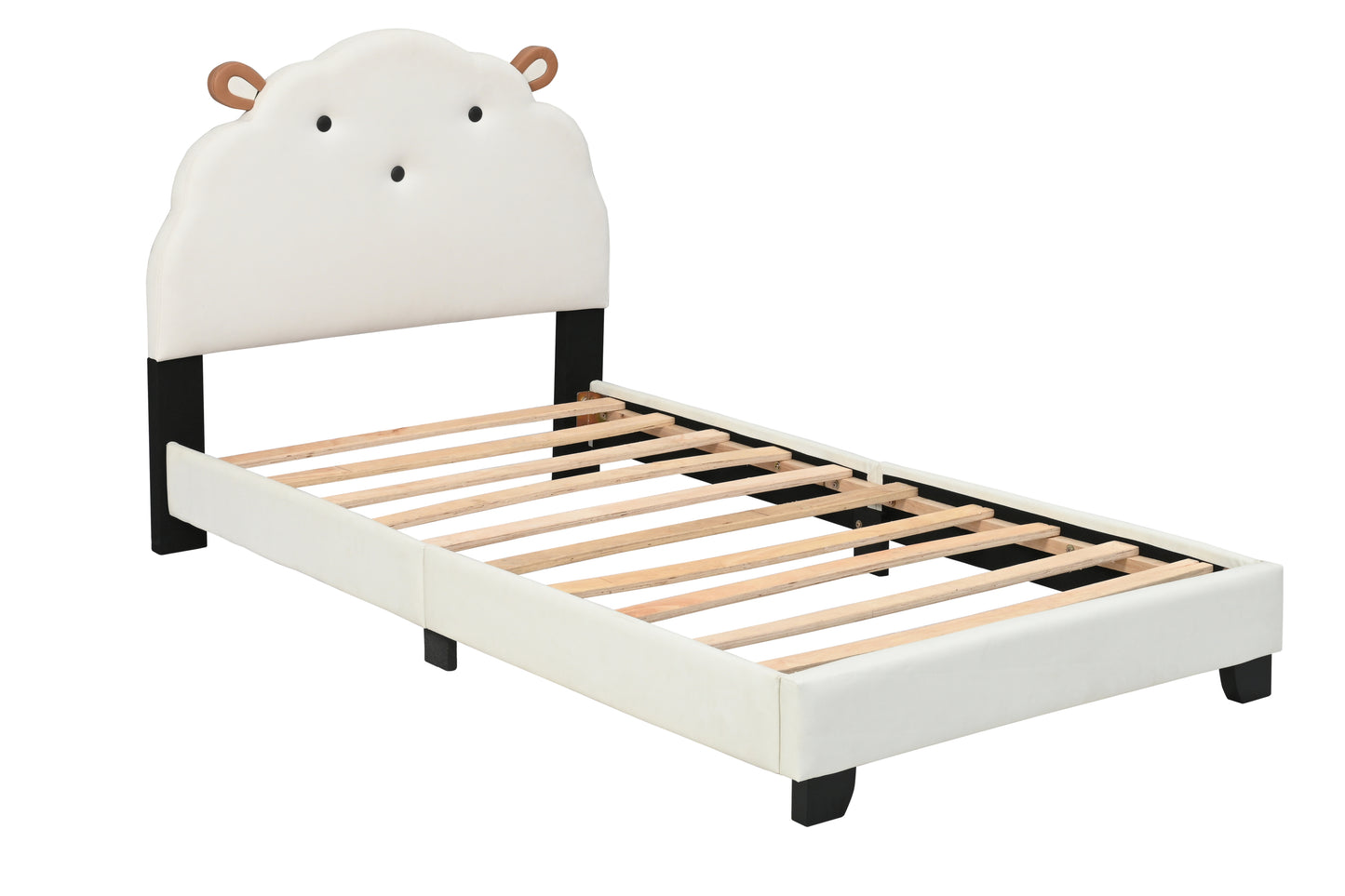 Upholstered Twin Platform Bed for Kids with Sheep Headboard White Wooden Frame No Box Spring Needed