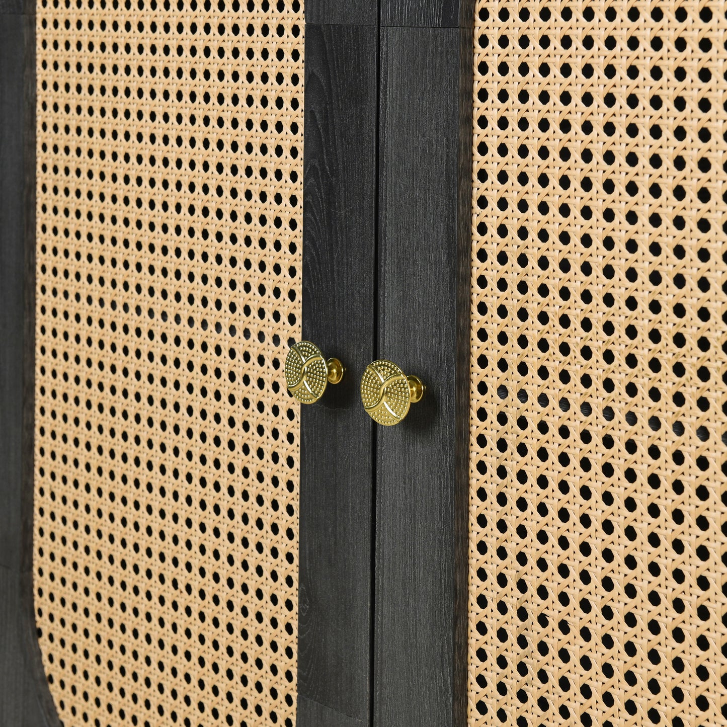Retro 3-Door Accent Cabinet with Rattan Doors and Metal Handles for Living Room and Hallway Antique Black