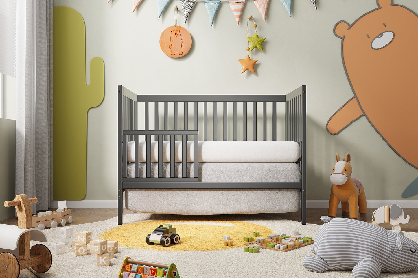 5-In-1 Convertible Crib Toddler Bed Fits Standard Full-Size Mattress Easy Assembly Storm Grey 53x29x9 Inches