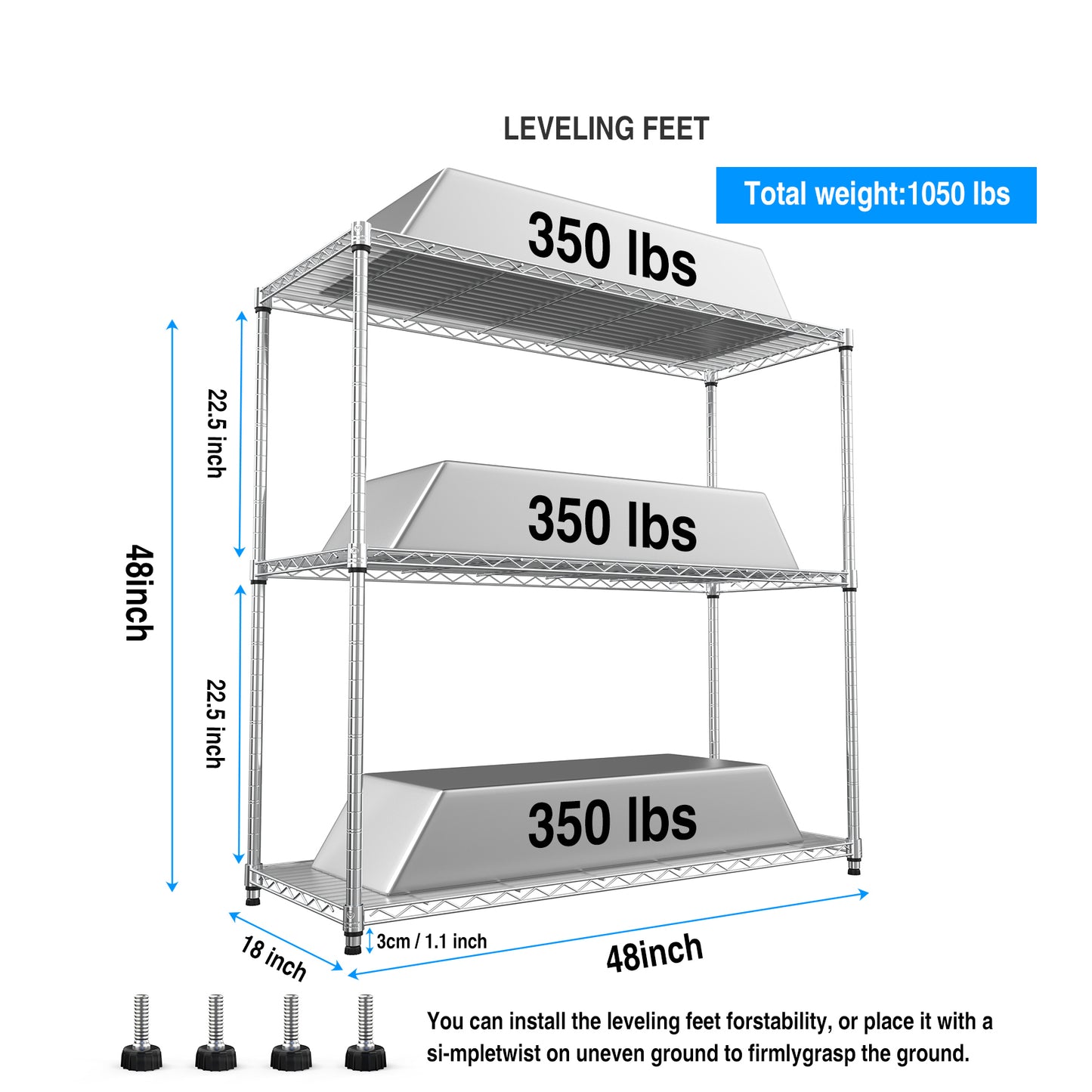 3 Tier Wire Shelving Unit Heavy Duty Adjustable Metal Garage Storage Shelves 1050 LBS Capacity Chrome Finish