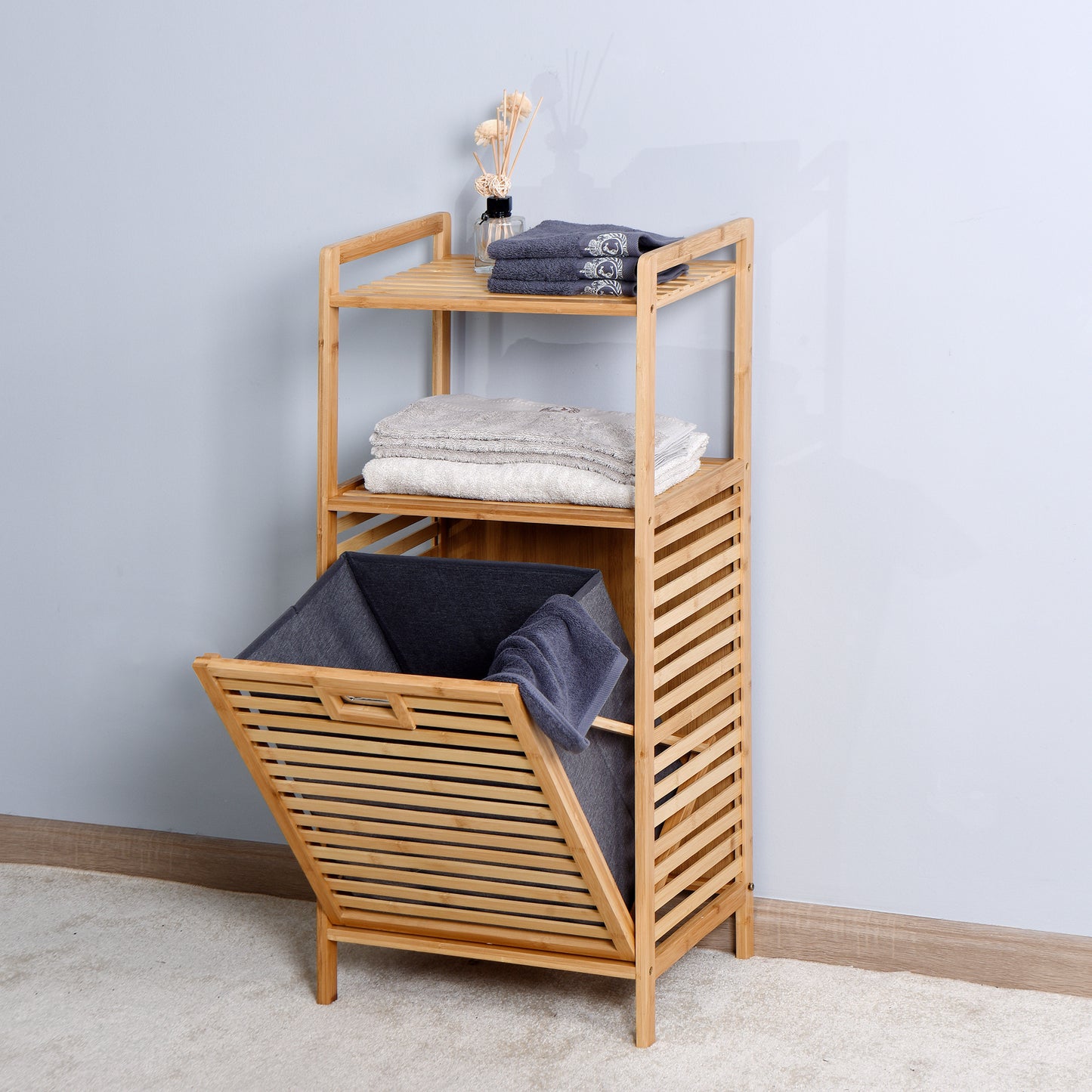 Bathroom Laundry Basket - Bamboo Storage with 2-Tier Shelf, 17.32 x 13 x 37.8 Inch, Stylish and Functional Home Organizer