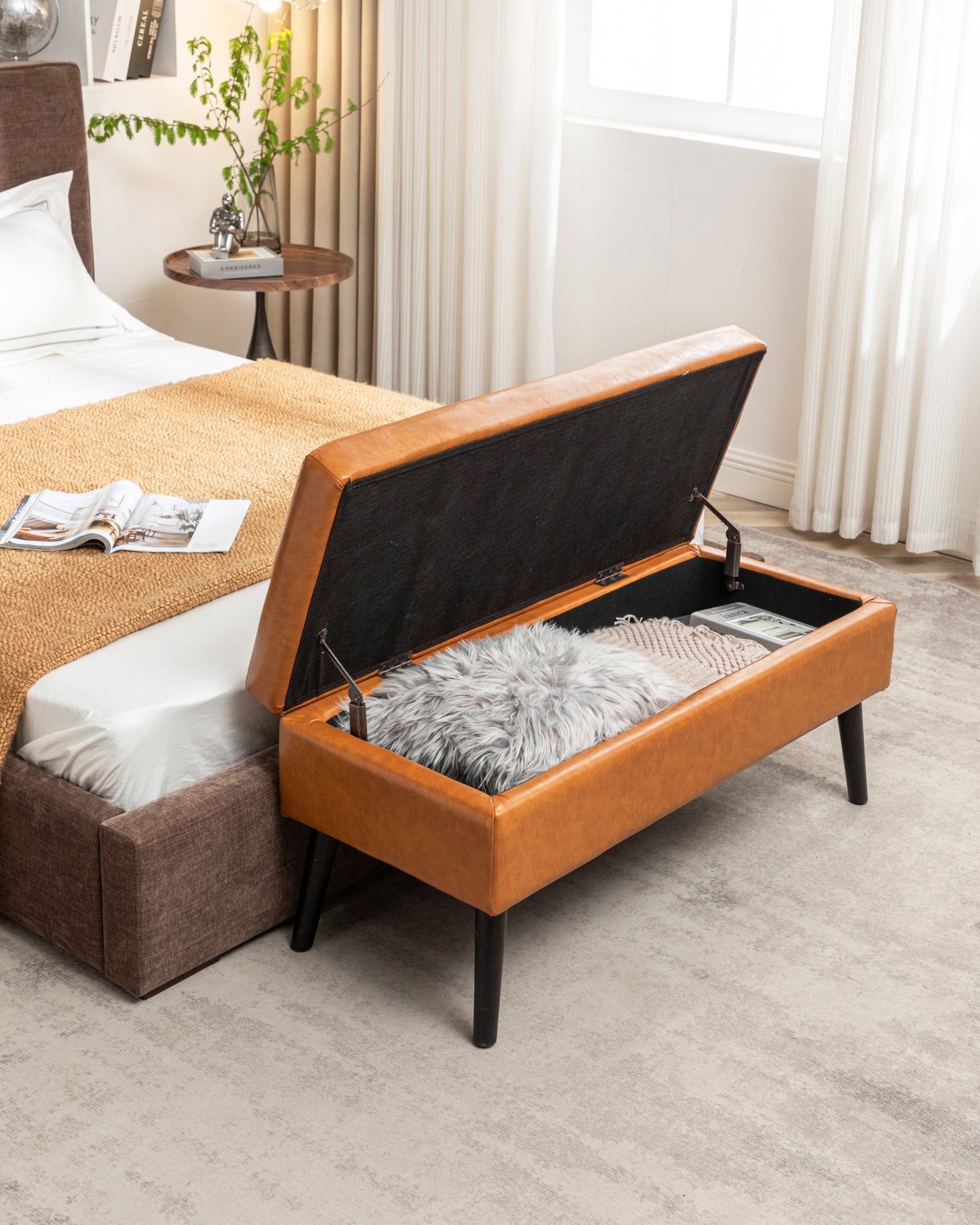 Brown Leather Storage Bench for Bedroom Entryway 43.3" Stylish Ottoman at Foot of Bed