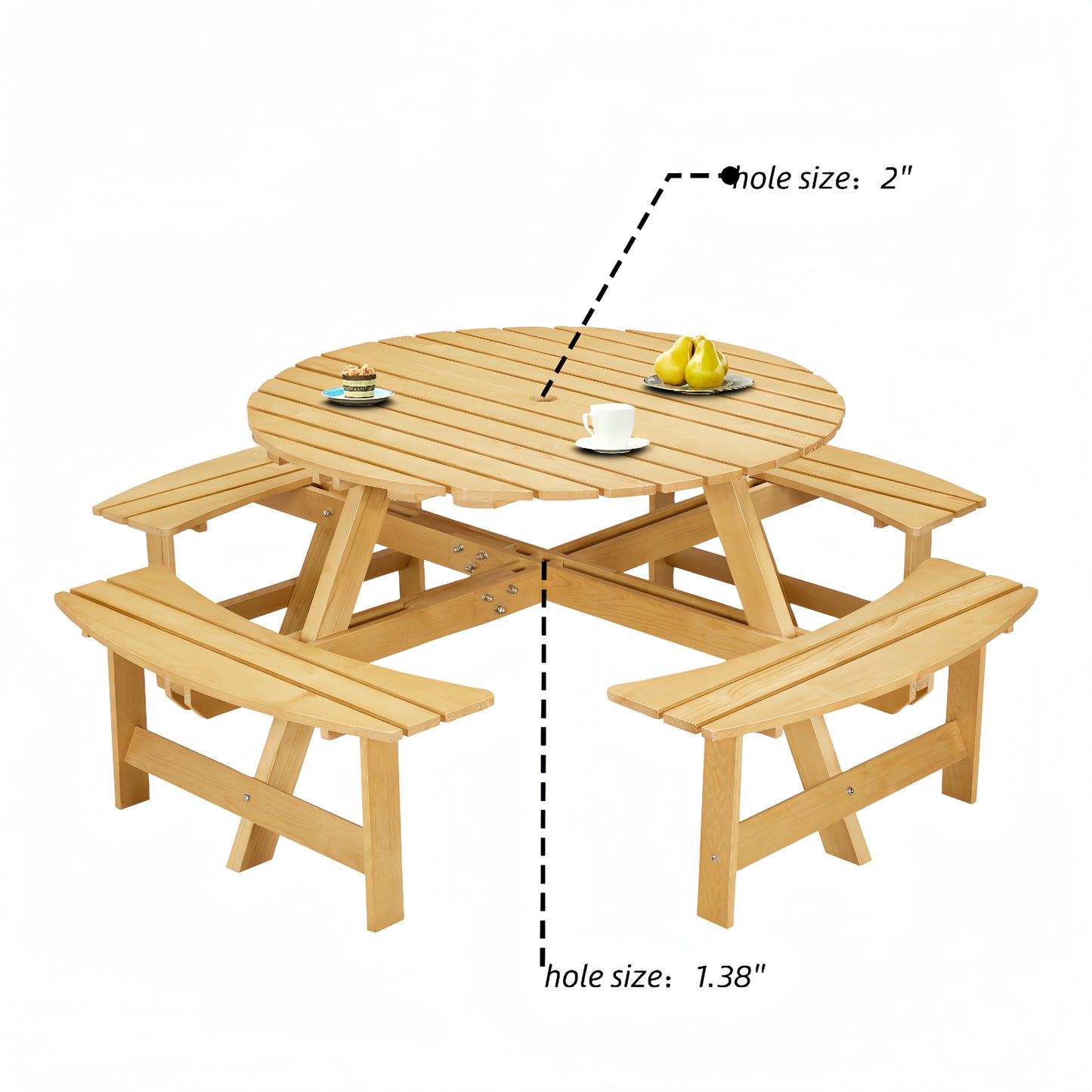 8 Person Round Picnic Table with Built-in Benches and Umbrella Hole for Garden Backyard Patio