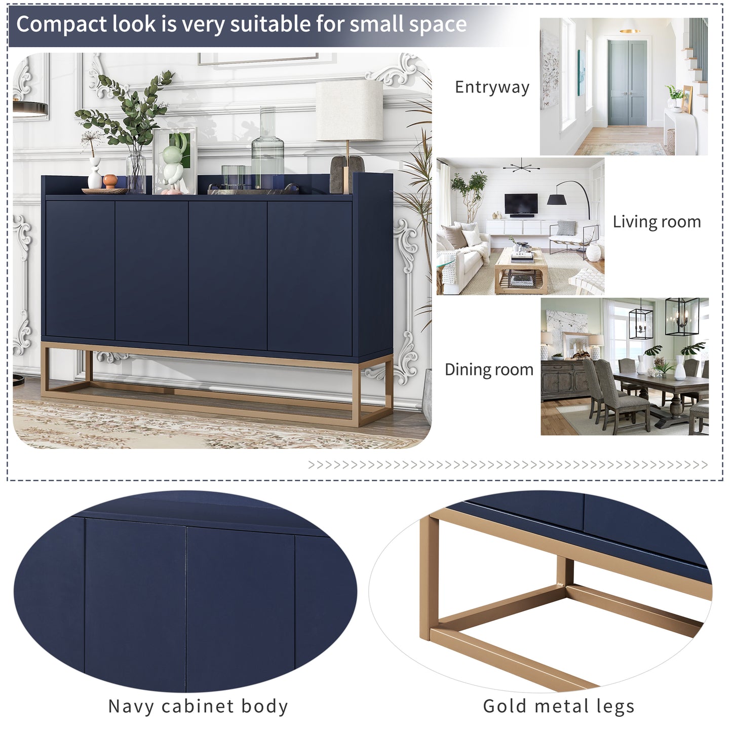 Modern Sideboard Elegant Buffet Cabinet Large Storage Space for Dining Room Entryway Navy