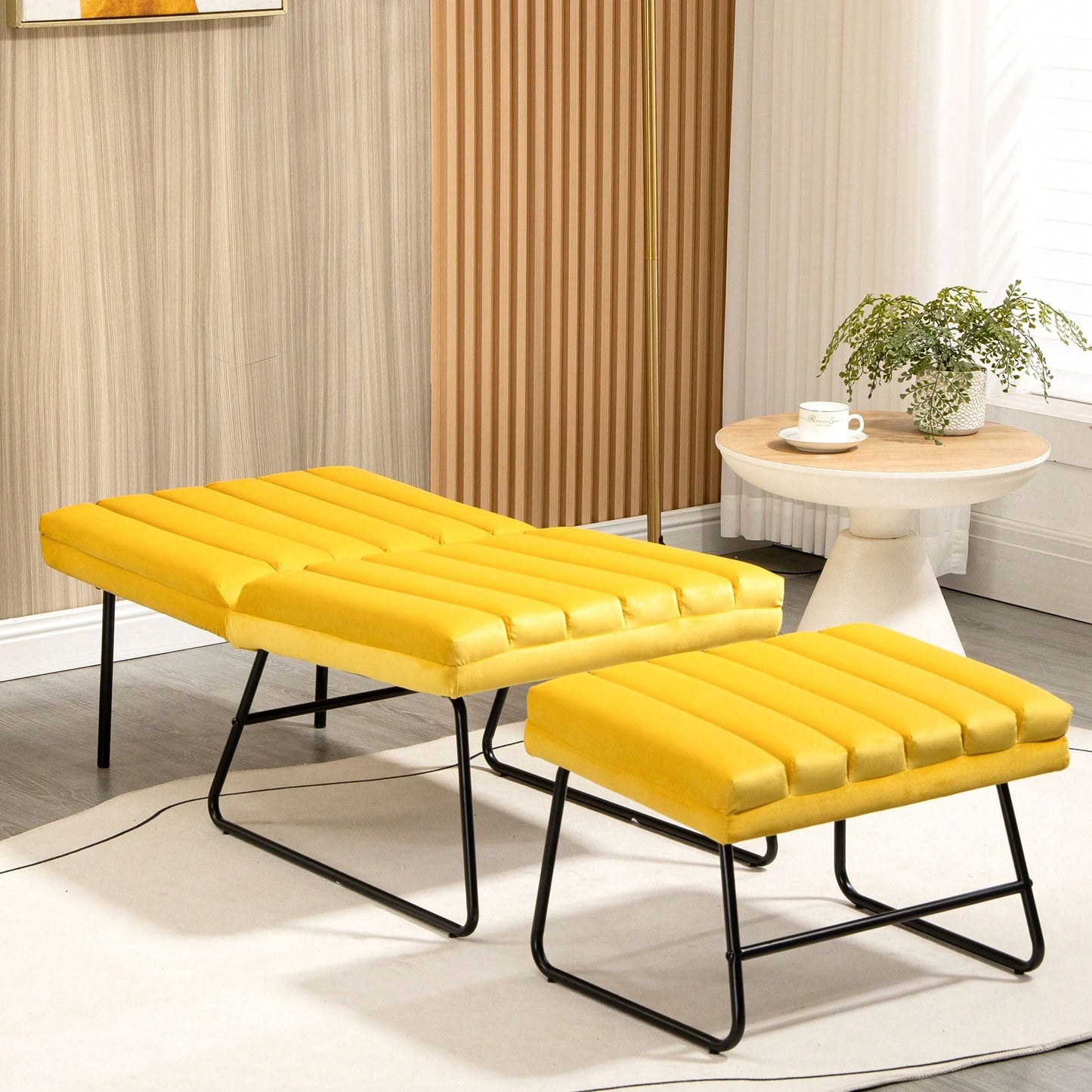 Yellow Adjustable Backrest Lounge Chair Set with Matching Stool for Living Room Bedroom Office