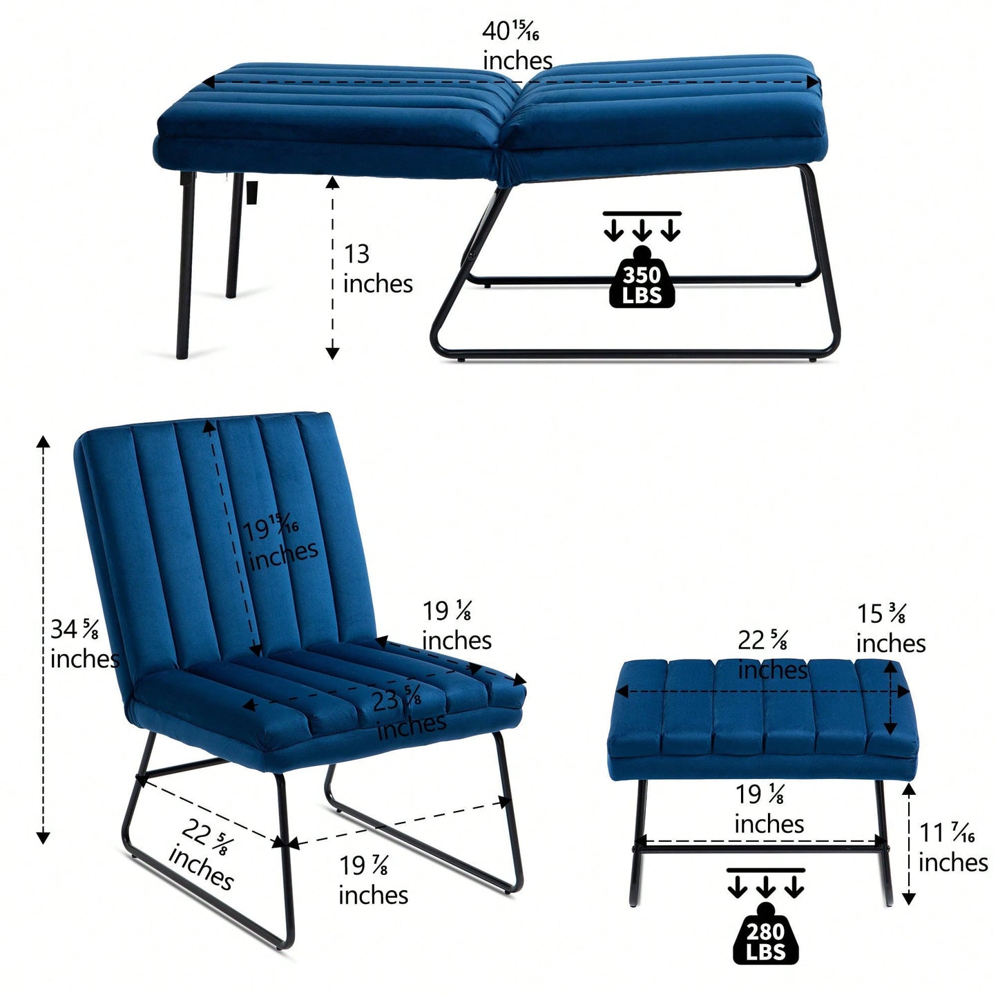 Yellow Adjustable Backrest Lounge Chair Set with Matching Stool for Living Room Bedroom Office