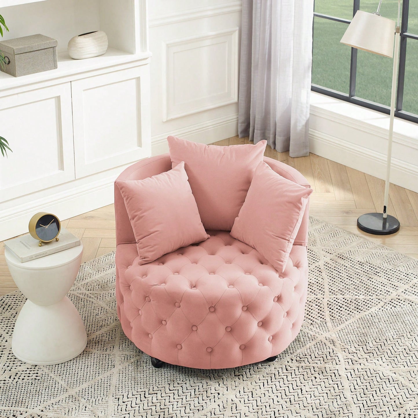 Velvet Swivel Chair with Tufted Design and Wheels for Home Office Living Room Bedroom Hotel 250lbs Capacity 3 Pillows Included