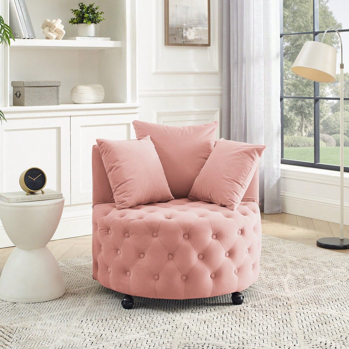 Velvet Swivel Chair with Tufted Design and Wheels for Home Office Living Room Bedroom Hotel 250lbs Capacity 3 Pillows Included