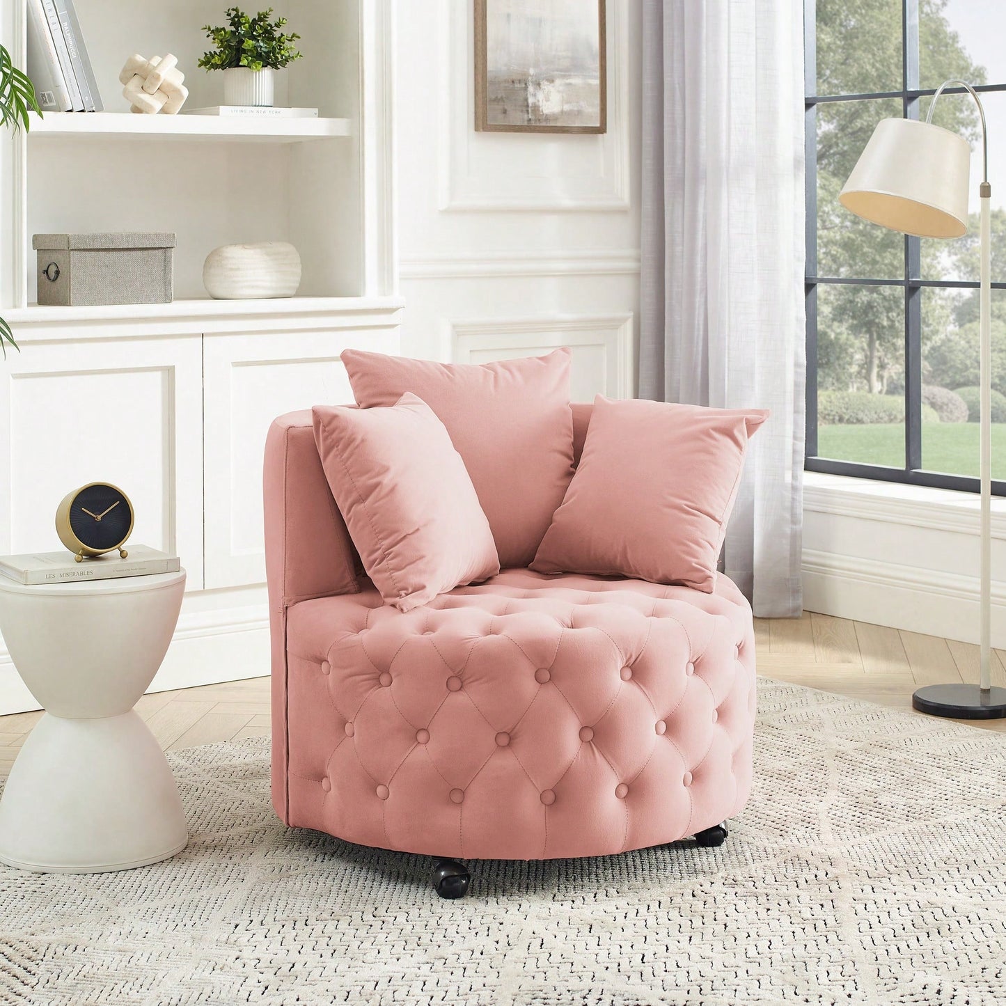 Velvet Swivel Chair with Tufted Design and Wheels for Home Office Living Room Bedroom Hotel 250lbs Capacity 3 Pillows Included