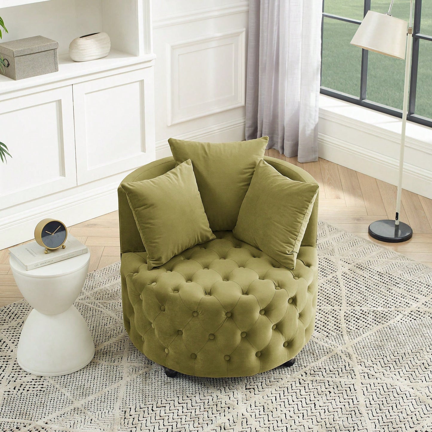 Velvet Swivel Chair with Tufted Design and Wheels for Home Office Living Room Bedroom Hotel 250lbs Capacity 3 Pillows Included