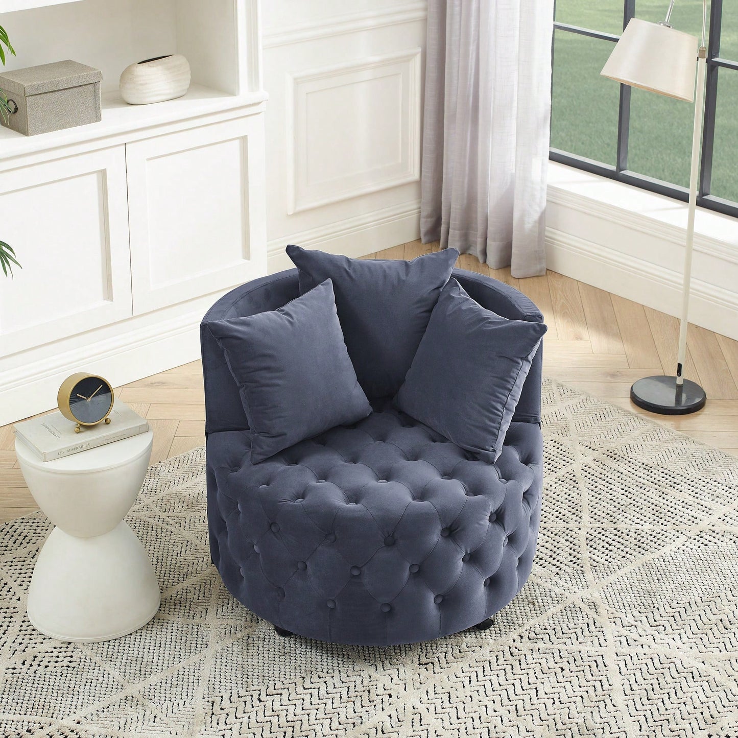 Velvet Swivel Chair with Tufted Design and Wheels for Home Office Living Room Bedroom Hotel 250lbs Capacity 3 Pillows Included