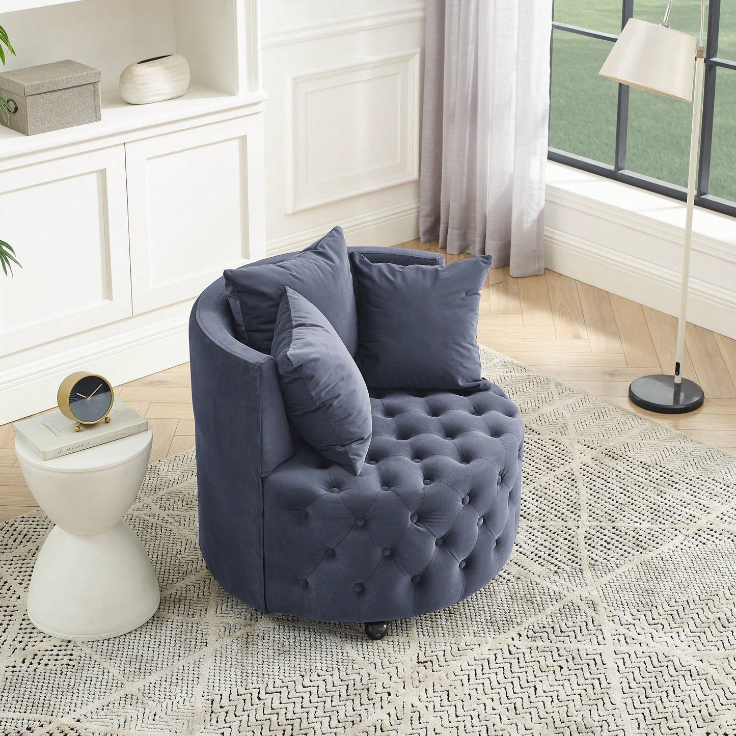 Velvet Swivel Chair with Tufted Design and Wheels for Home Office Living Room Bedroom Hotel 250lbs Capacity 3 Pillows Included