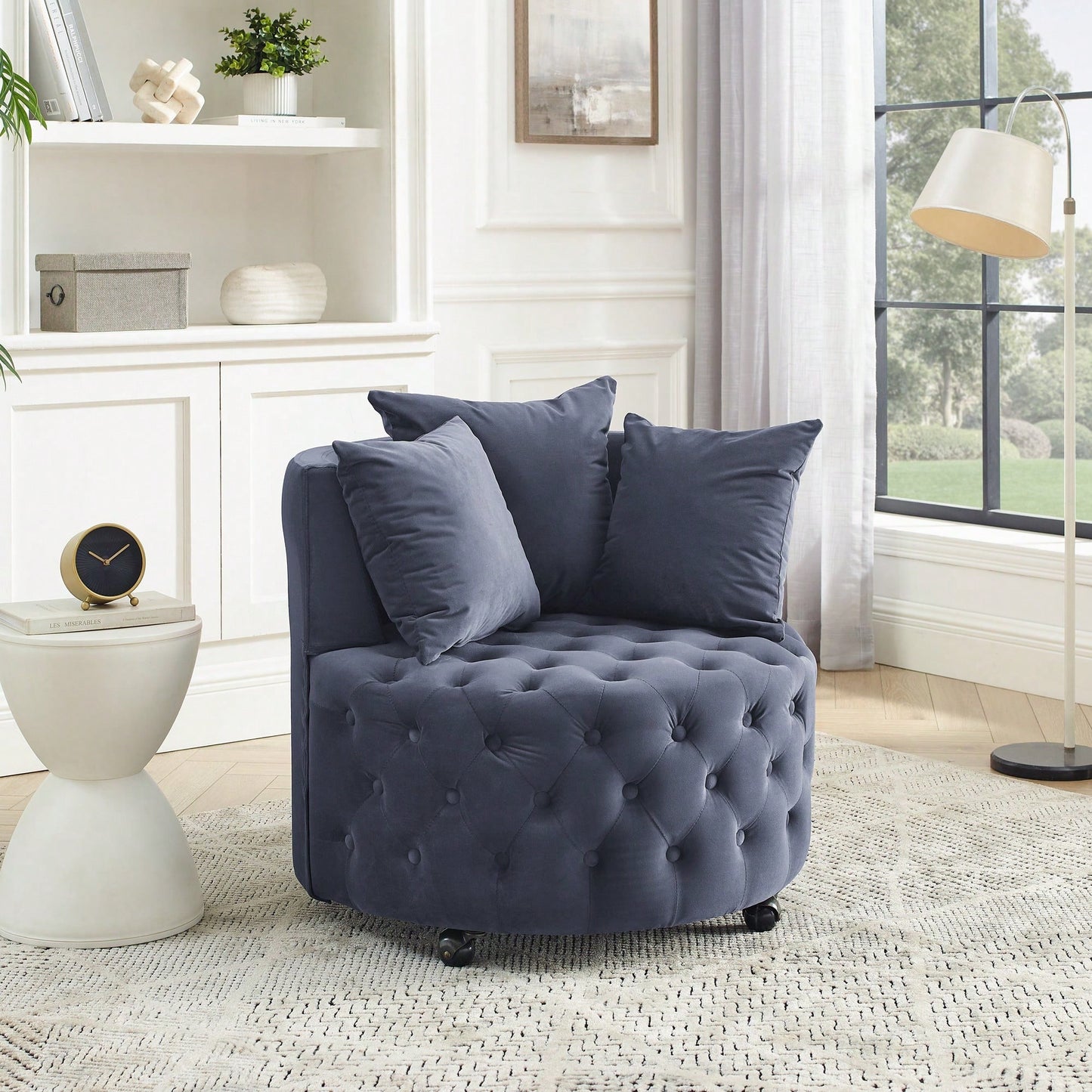 Velvet Swivel Chair with Tufted Design and Wheels for Home Office Living Room Bedroom Hotel 250lbs Capacity 3 Pillows Included