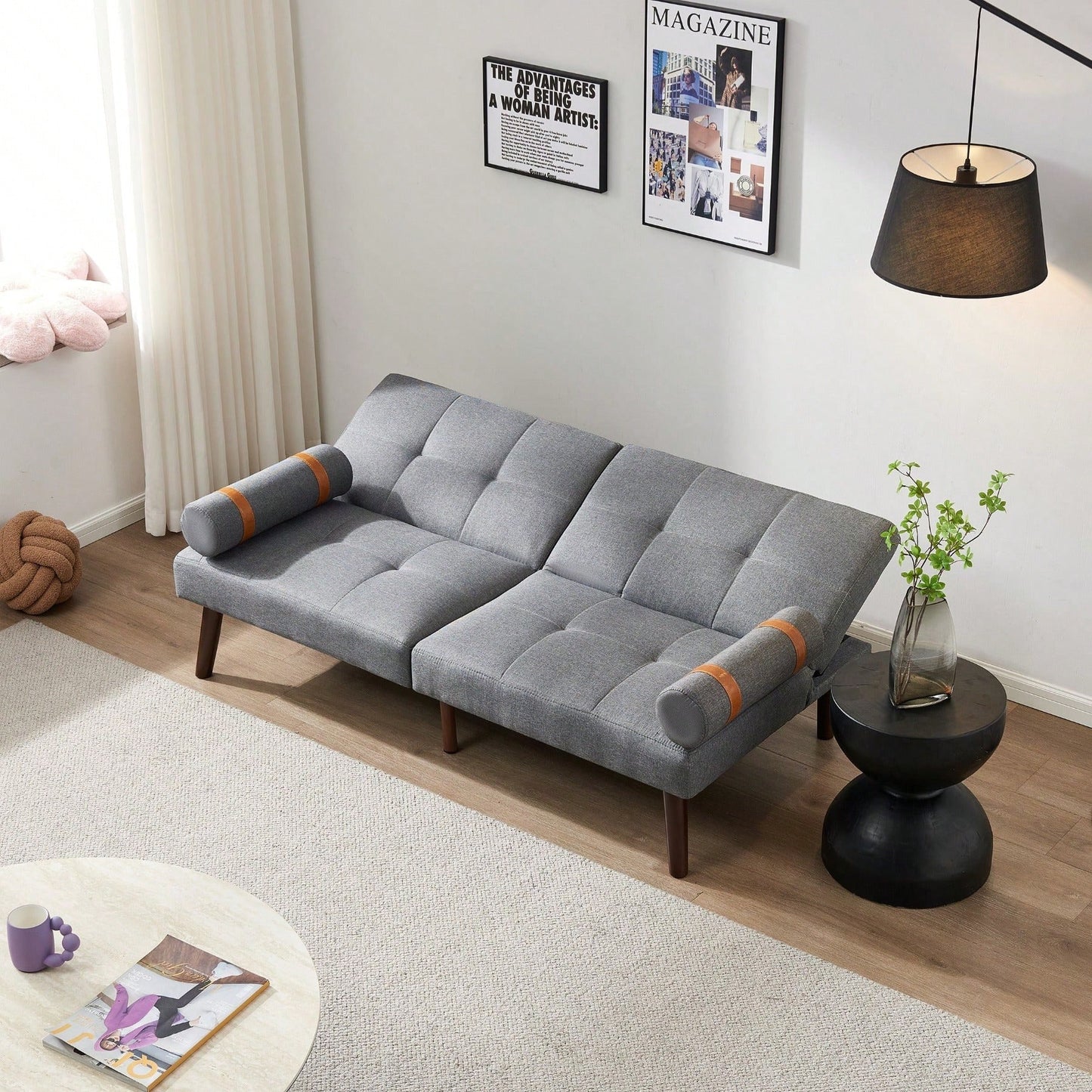 Grey 2-Person Convertible Sofa Bed Futon with Solid Wood Legs and Foam Polyester Filling 500lbs Capacity 65.7L X 32.2W X 30H