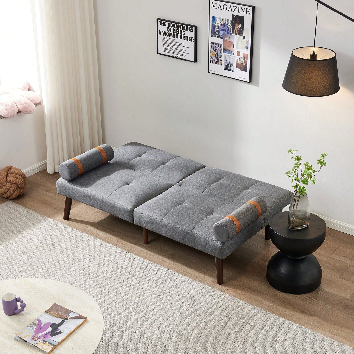 Grey 2-Person Convertible Sofa Bed Futon with Solid Wood Legs and Foam Polyester Filling 500lbs Capacity 65.7L X 32.2W X 30H