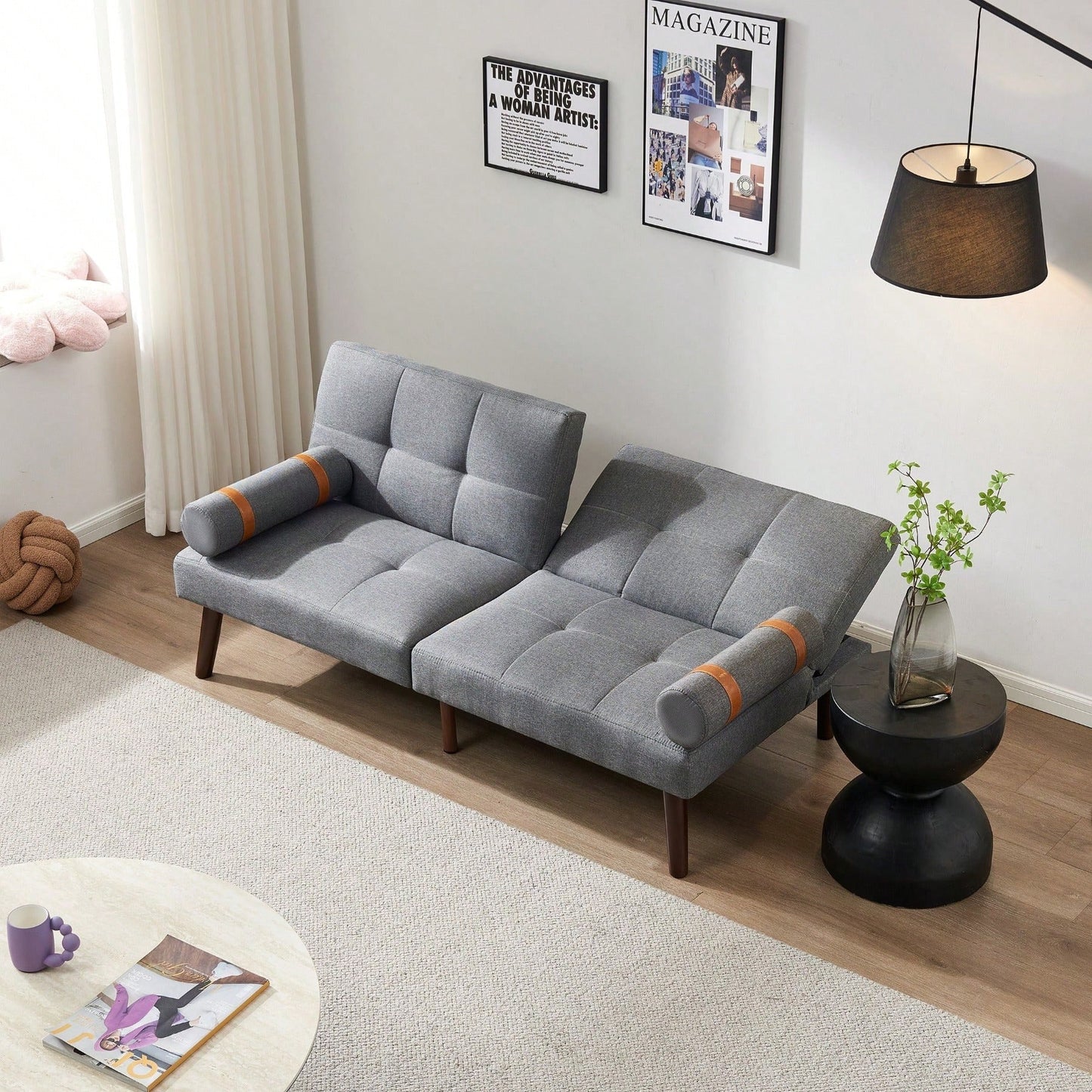 Grey 2-Person Convertible Sofa Bed Futon with Solid Wood Legs and Foam Polyester Filling 500lbs Capacity 65.7L X 32.2W X 30H