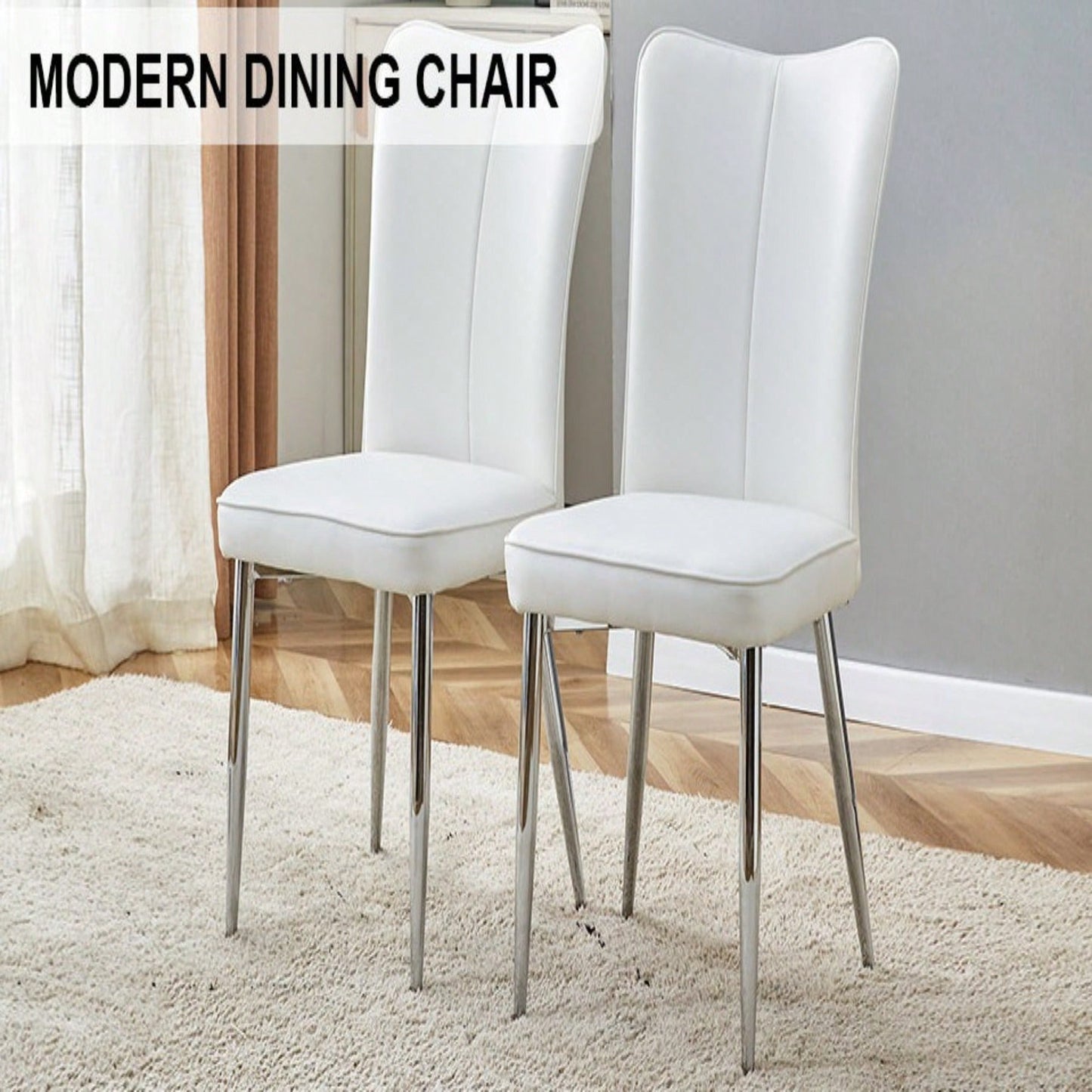 2-Piece Modern Minimalist Dining Chairs Set With PU Leather Seats And Silver Metal Legs For Living Room, Restaurant, And Office