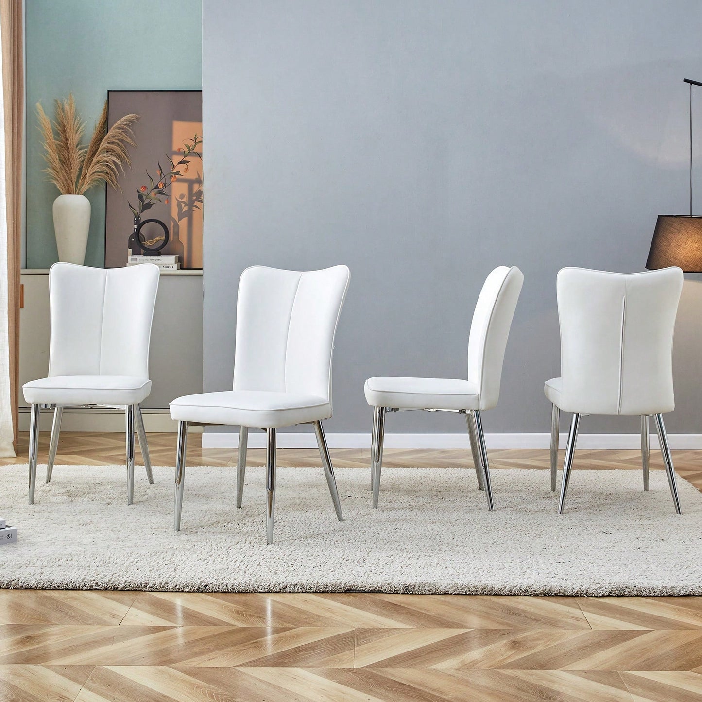 4-Piece Modern Minimalist Dining Chairs Set, White PU Seats & Silver Metal Legs, Soft & Comfortable, For Living Rooms, Offices & Restaurants