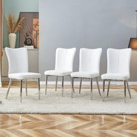 4-Piece Modern Minimalist Dining Chairs Set, White PU Seats & Silver Metal Legs, Soft & Comfortable, For Living Rooms, Offices & Restaurants