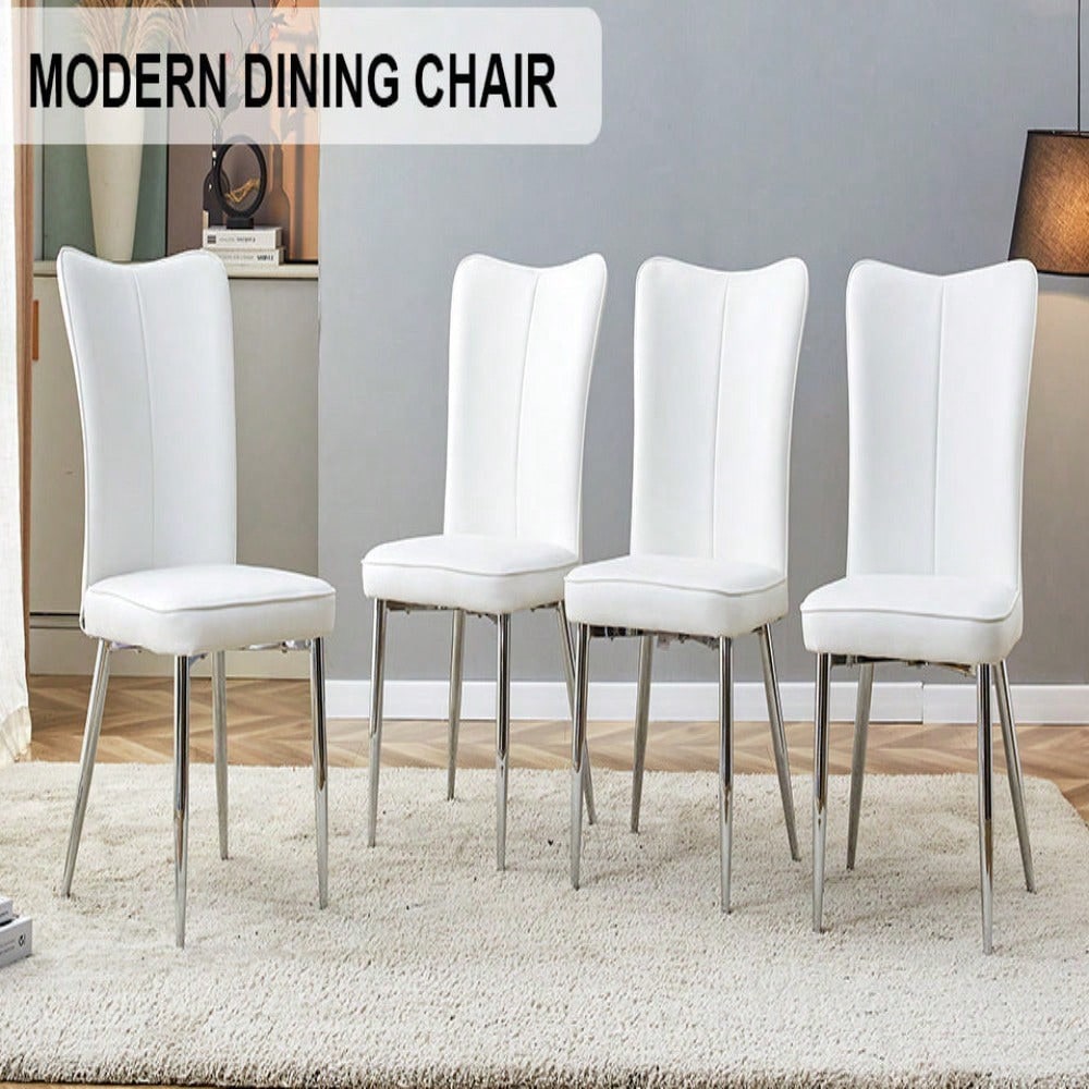 4-Piece Modern Minimalist Dining Chairs Set, White PU Seats & Silver Metal Legs, Soft & Comfortable, For Living Rooms, Offices & Restaurants