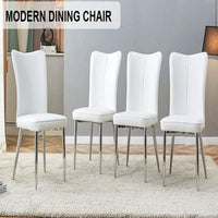 4-Piece Modern Minimalist Dining Chairs Set, White PU Seats & Silver Metal Legs, Soft & Comfortable, For Living Rooms, Offices & Restaurants