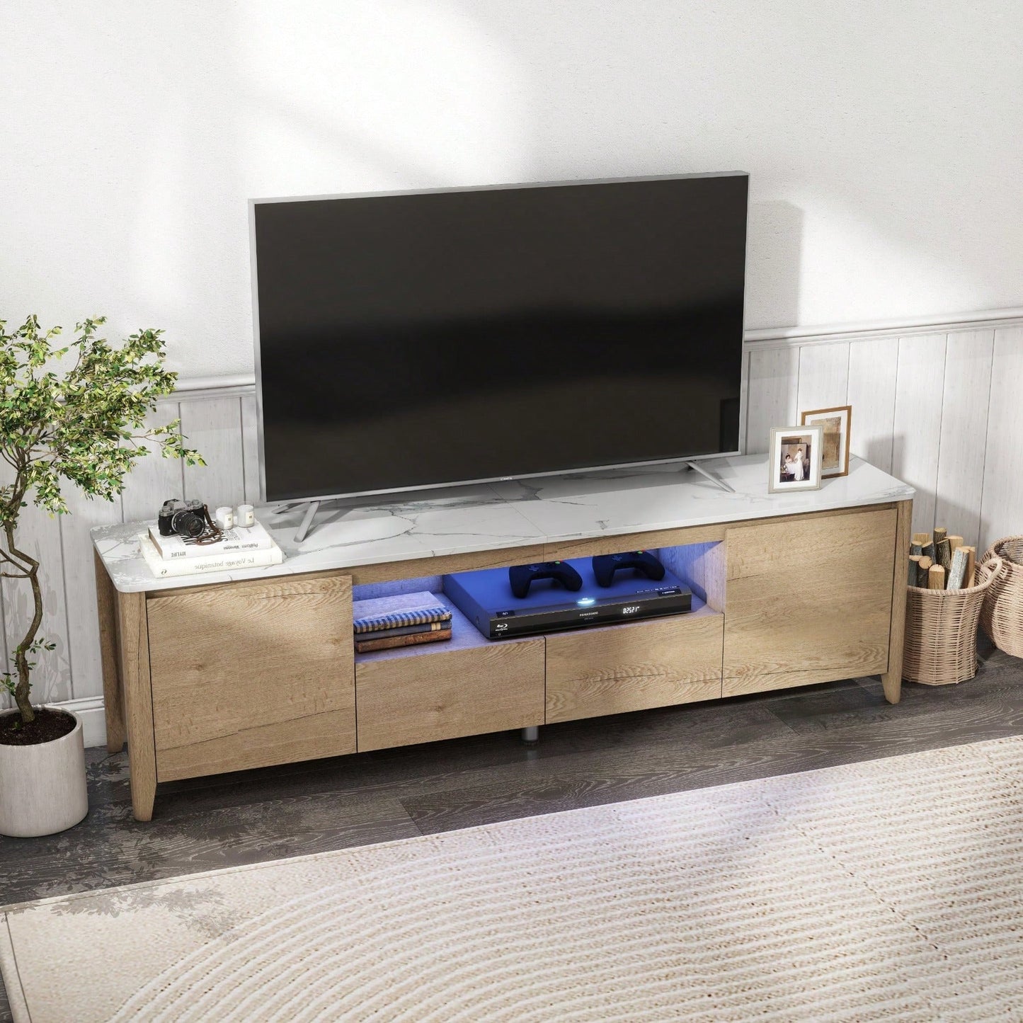 Modern TV Stand With LED Lights Entertainment Center TV Cabinet With Storage For Up To 75 Inch For Gaming Living Room Bedroom