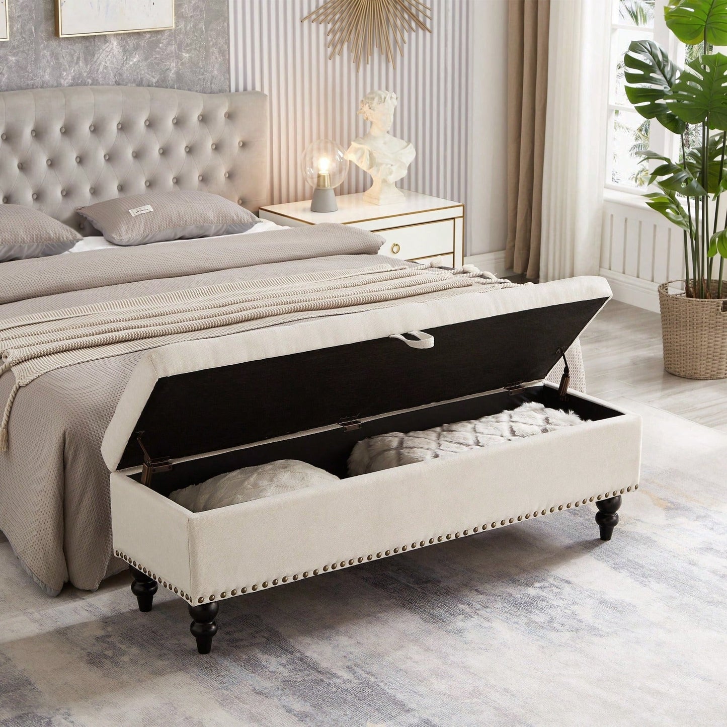 59" Bed Bench With Storage, Blue Fabric