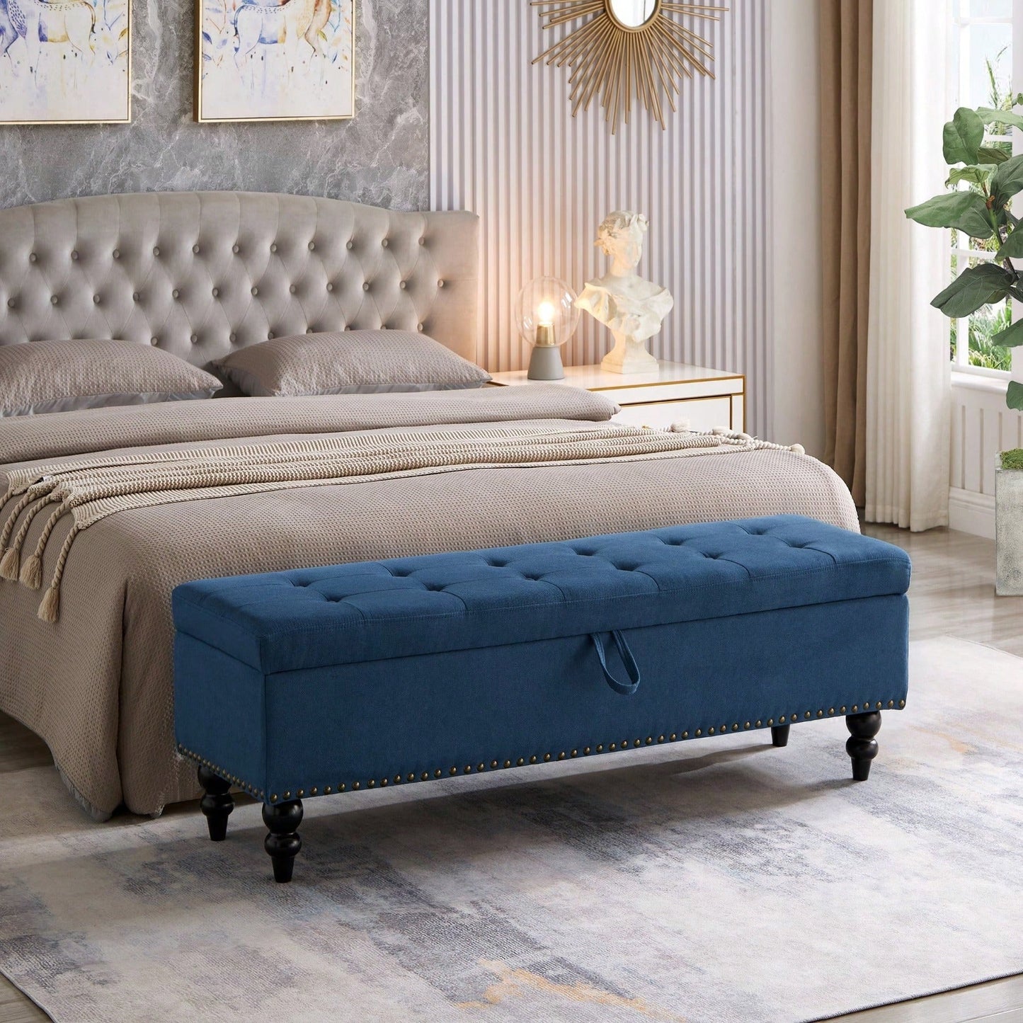 59" Bed Bench With Storage, Blue Fabric