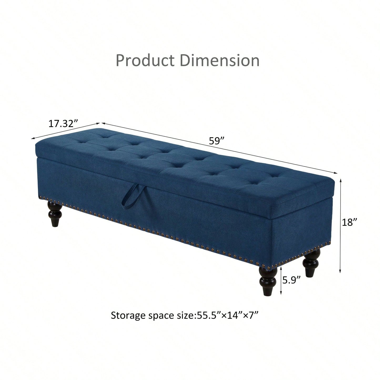 59" Bed Bench With Storage, Blue Fabric