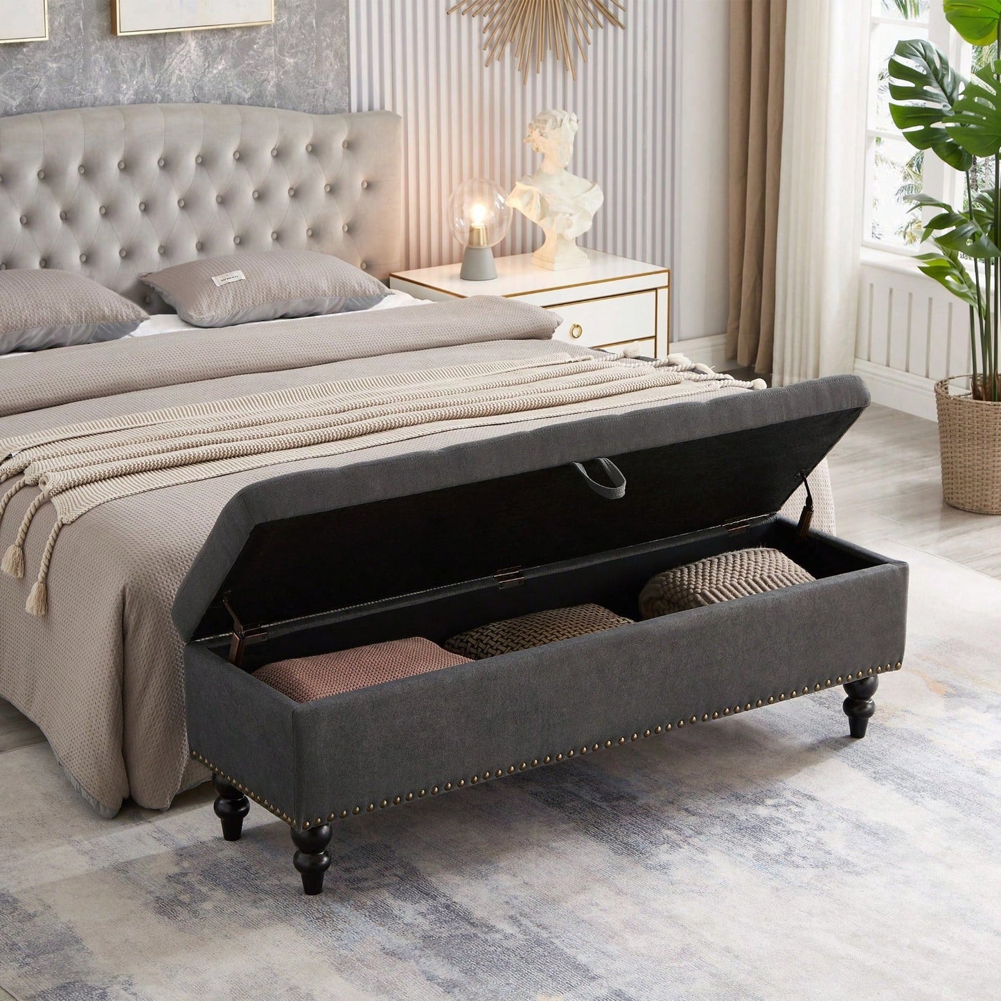 59" Bed Bench With Storage, Blue Fabric