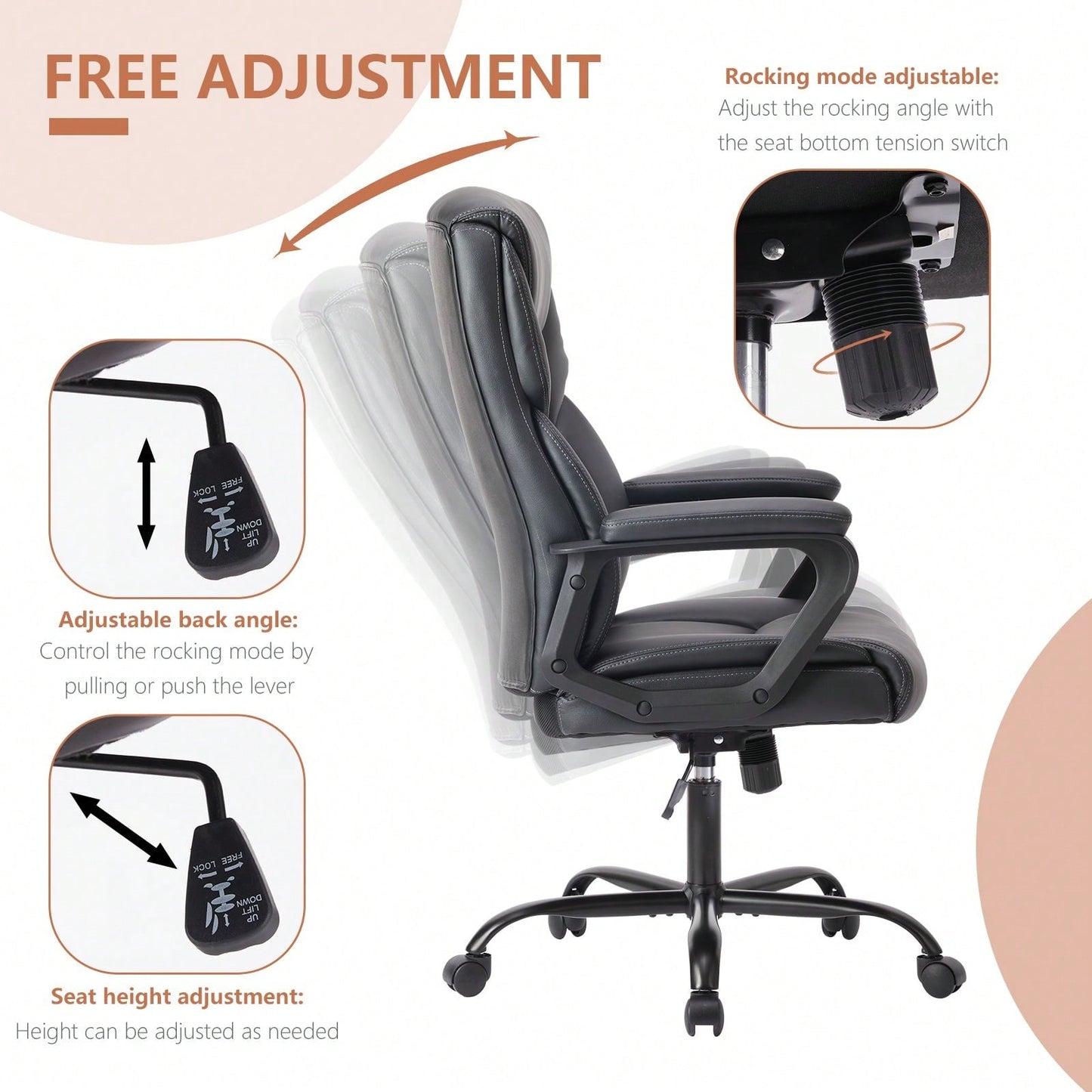 Home Office Chair Ergonomic PU Leather Desk Chair With Armrests