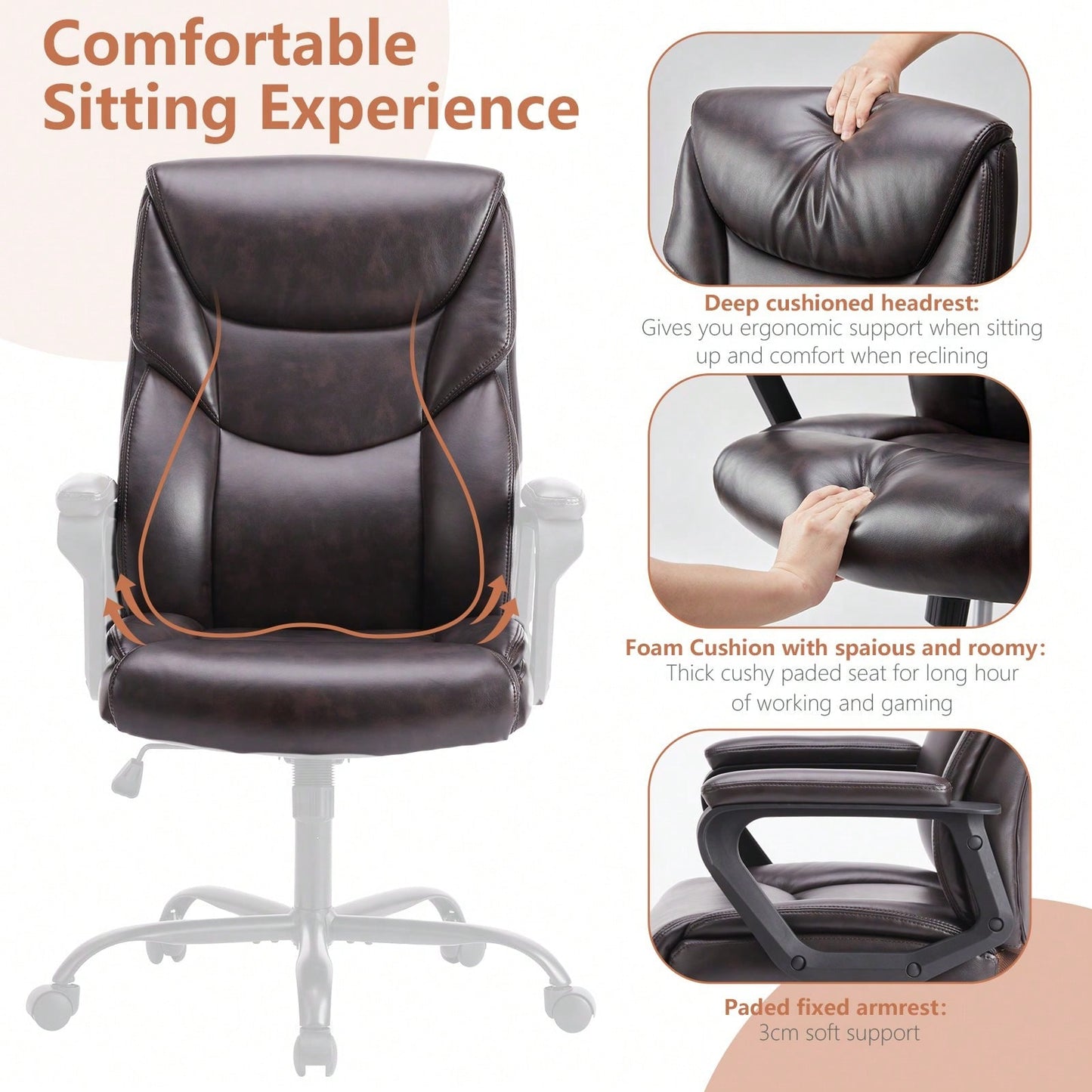 Home Office Chair Ergonomic PU Leather Desk Chair With Armrests