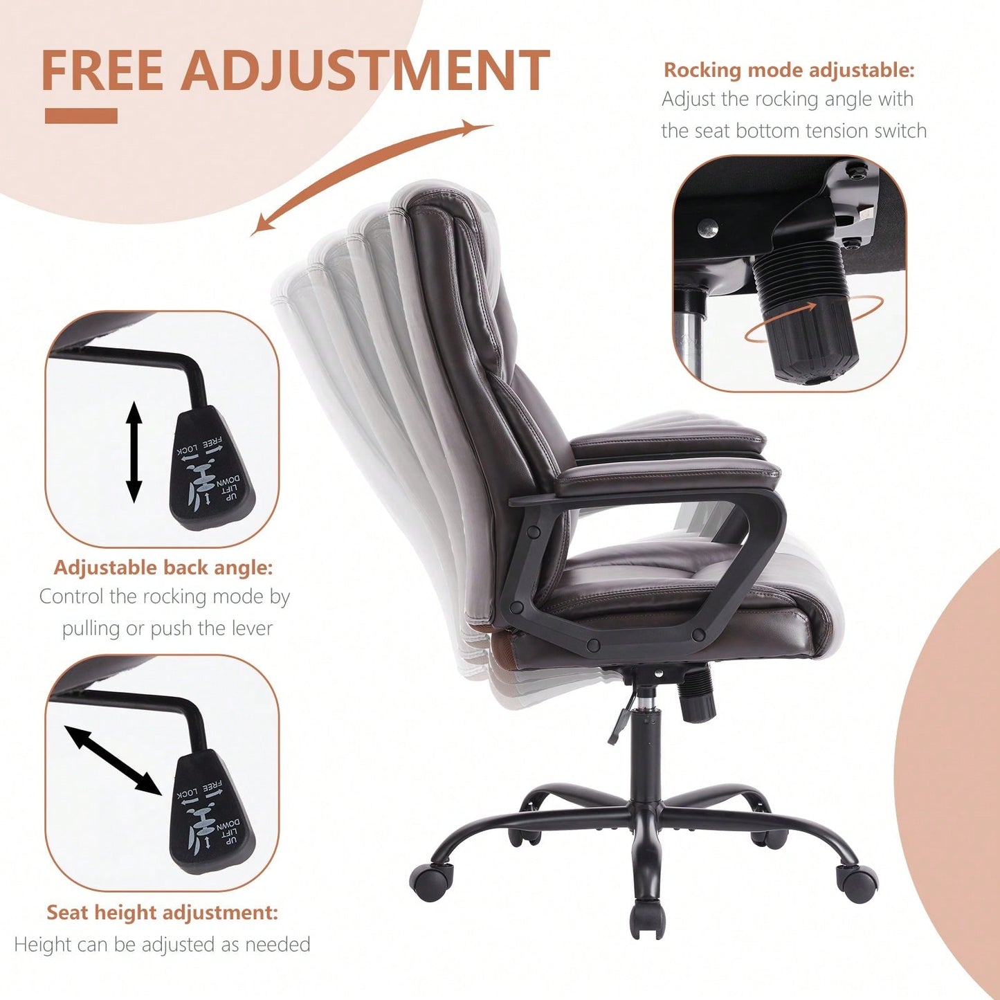 Home Office Chair Ergonomic PU Leather Desk Chair With Armrests